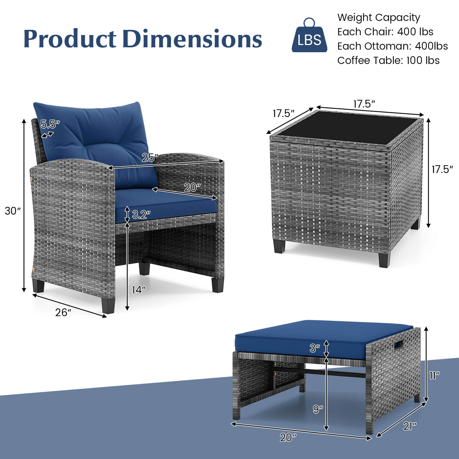 Weight Capacity:  
Each Chair: 400 lbs  
Each Ottoman: 400 lbs  
Coffee Table: 100 lbs  

Product Dimensions:  
Chair: 5.5" H x 25" W x 30" L x 14" D  
Ottoman: 17.5" H x 17.5" W x 17.5" D  
Coffee Table: 3.2" H x 20" W x 26" L x 9" D