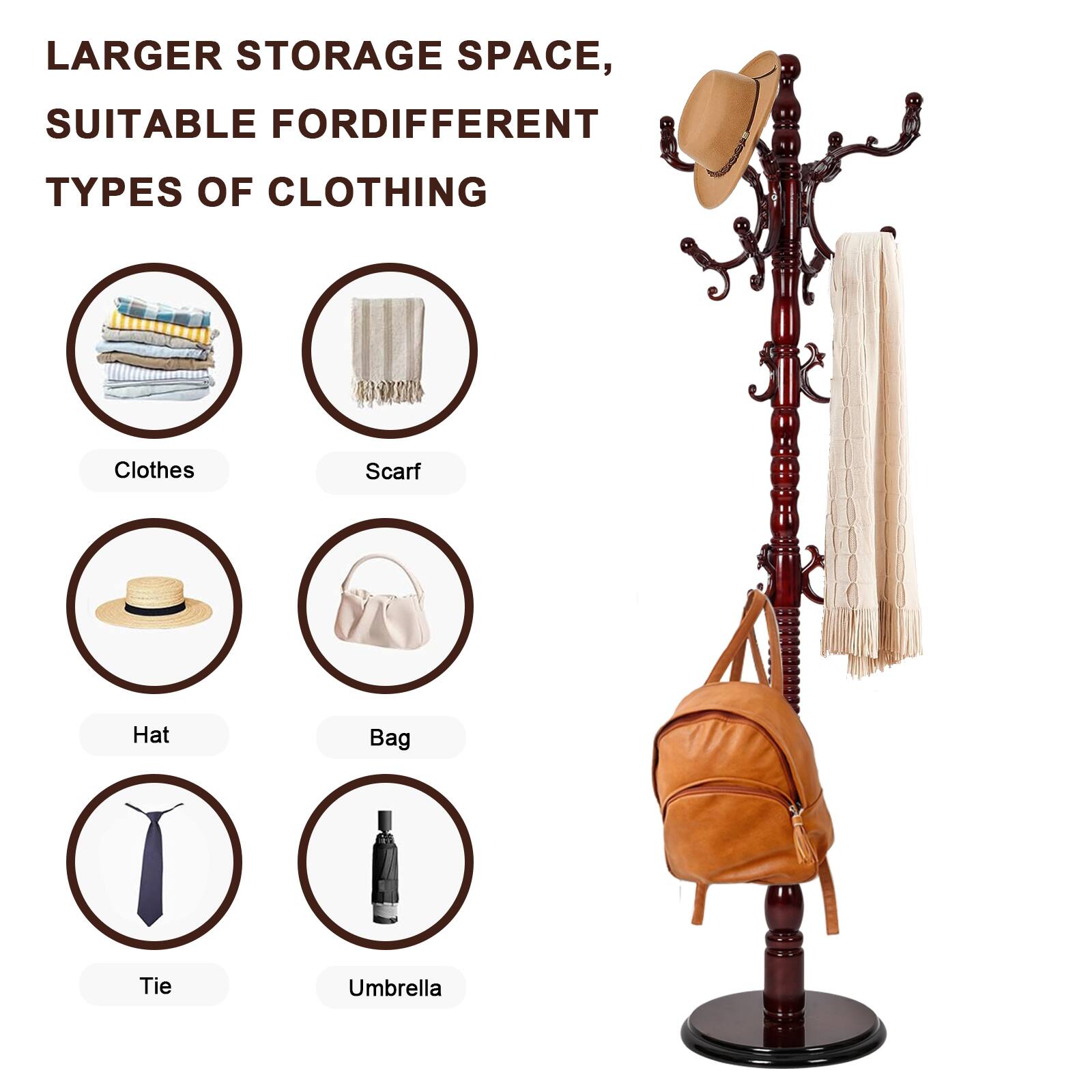 Larger storage space, suitable for different types of clothing: Clothes, Scarf, Hat, Bag, Tie, Umbrella.