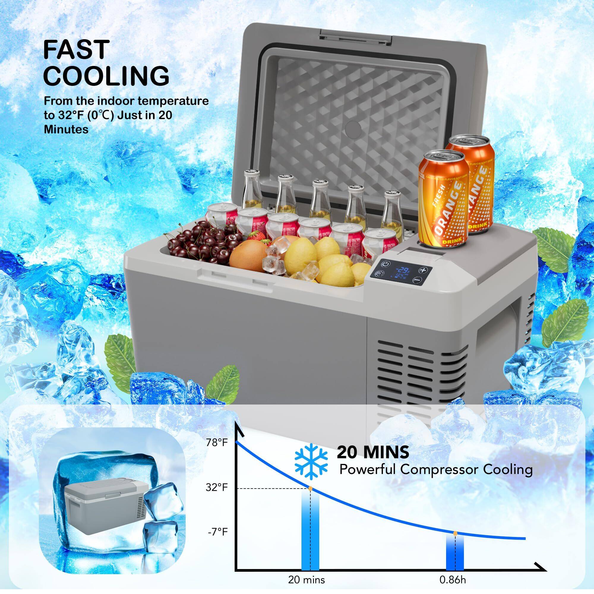 FAST COOLING  
From the indoor temperature to 32°F (0°C) Just in 20 Minutes  

20 MINS  
Powerful Compressor Cooling  

78°F  
32°F  
-7°F  

20 mins  
0.86h