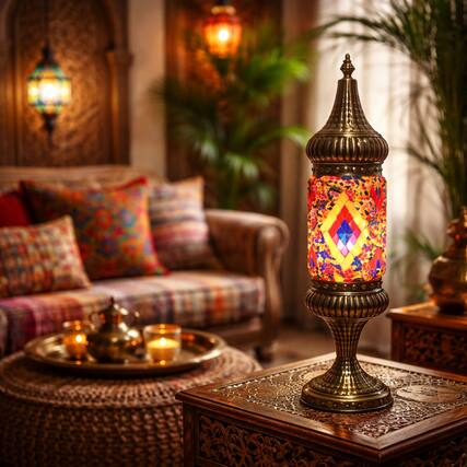 Front. FC Design - 19"H Bronze Base Kilim Design Mosaic Tower Turkish Lamp.