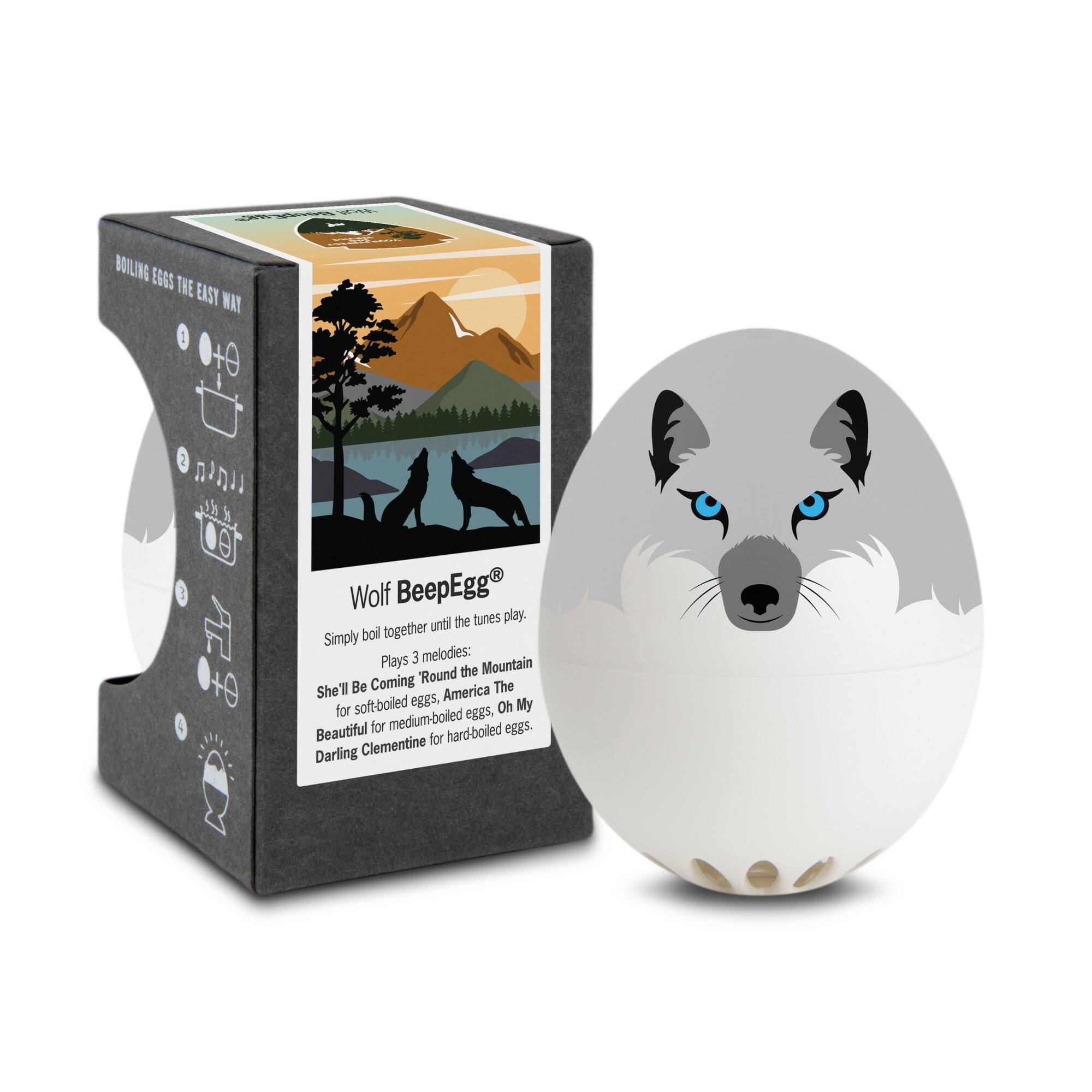 - BOILING EGGS THE EASY WAY
- Wolf BeepEgg®
- Simply boil together until the tunes play. Plays 3 melodies:
  - Round the Mountain
  - She'll Be Coming America The
  - Beautiful for medium-boiled eggs, Oh My
  - Darling Clementine for hard-boiled eggs.