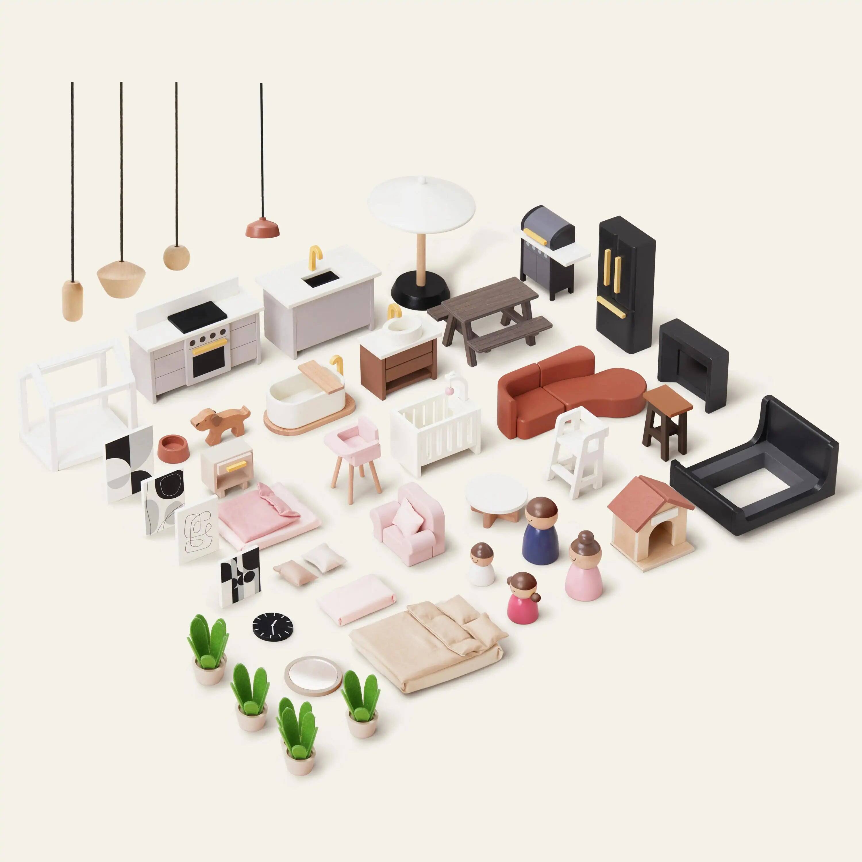 Back. Tiny Land - Kids Dollhouse with 6 Play Areas, Modern Woodend Pretend Play House, Dollhouse Furniture & Imaginative Play Toy - Black.