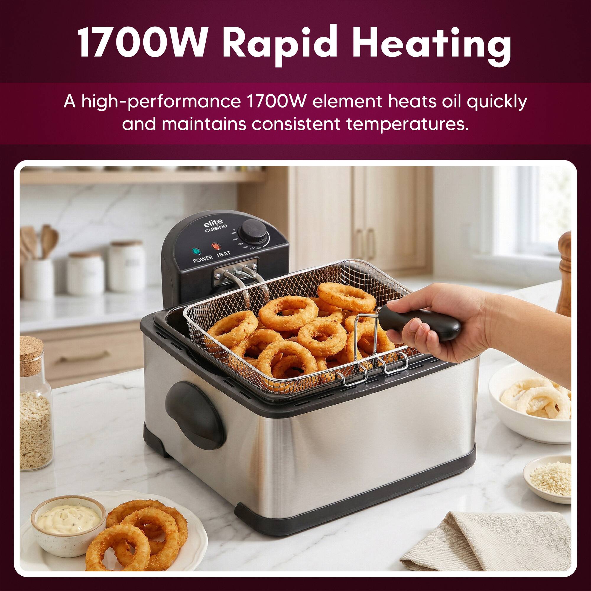 1700W Rapid Heating

A high-performance 1700W element heats oil quickly and maintains consistent temperatures.