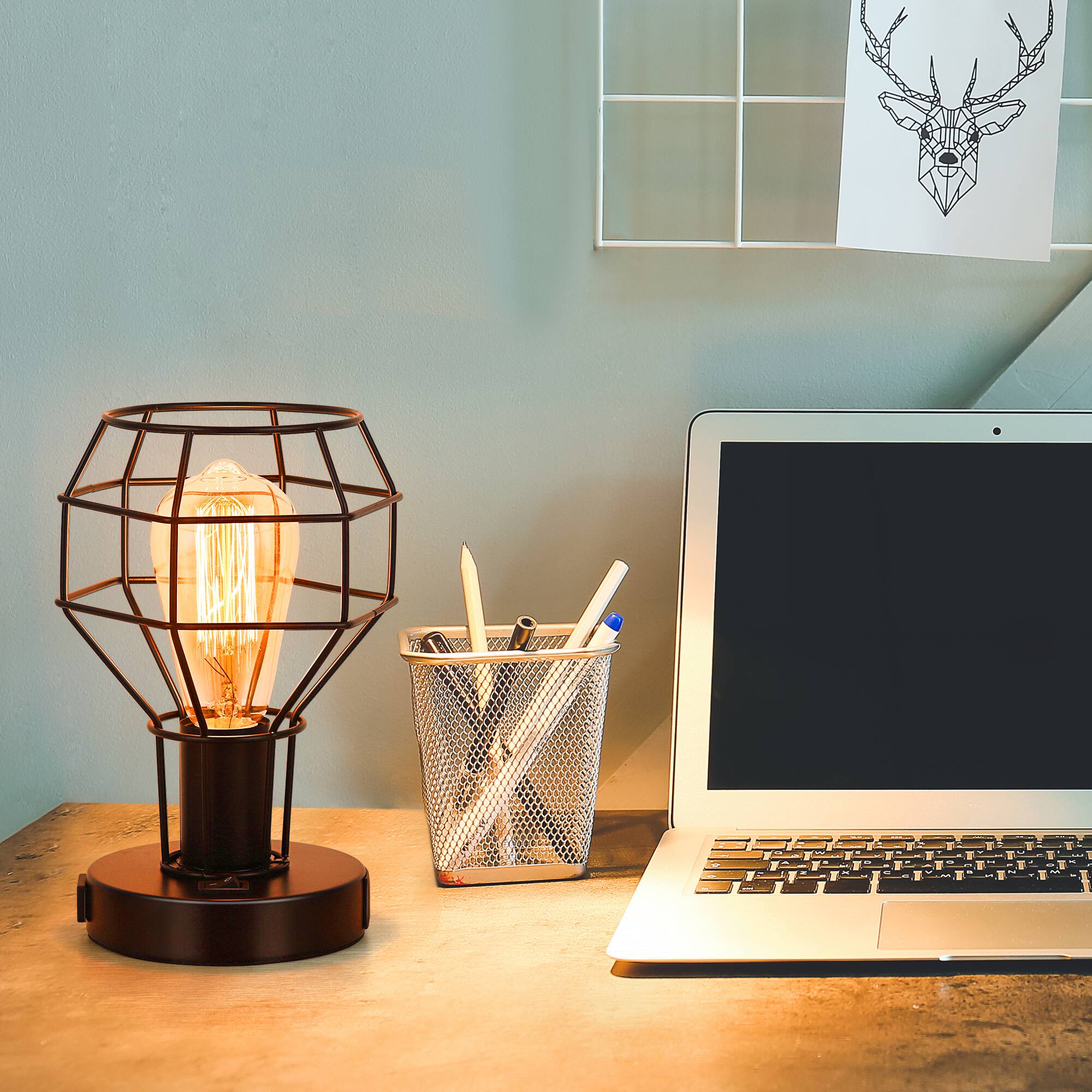 Back. Oumilen - Set of 2 Industrial Metal Cage Table Lamps with USB & AC Outlet – Vintage Edison Desk Lamps.