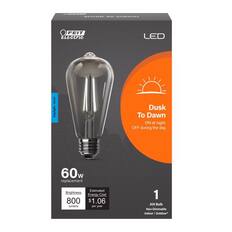 FEIT Electric
LED
Dusk To Dawn
ON at night. OFF during the day.
60w replacement
Brightness: 800 lumens
Estimated Energy Cost: $1.06 per year
1 A19 Bulb
Non-Dimmable
Indoor / Outdoor*
Daylight 5000K