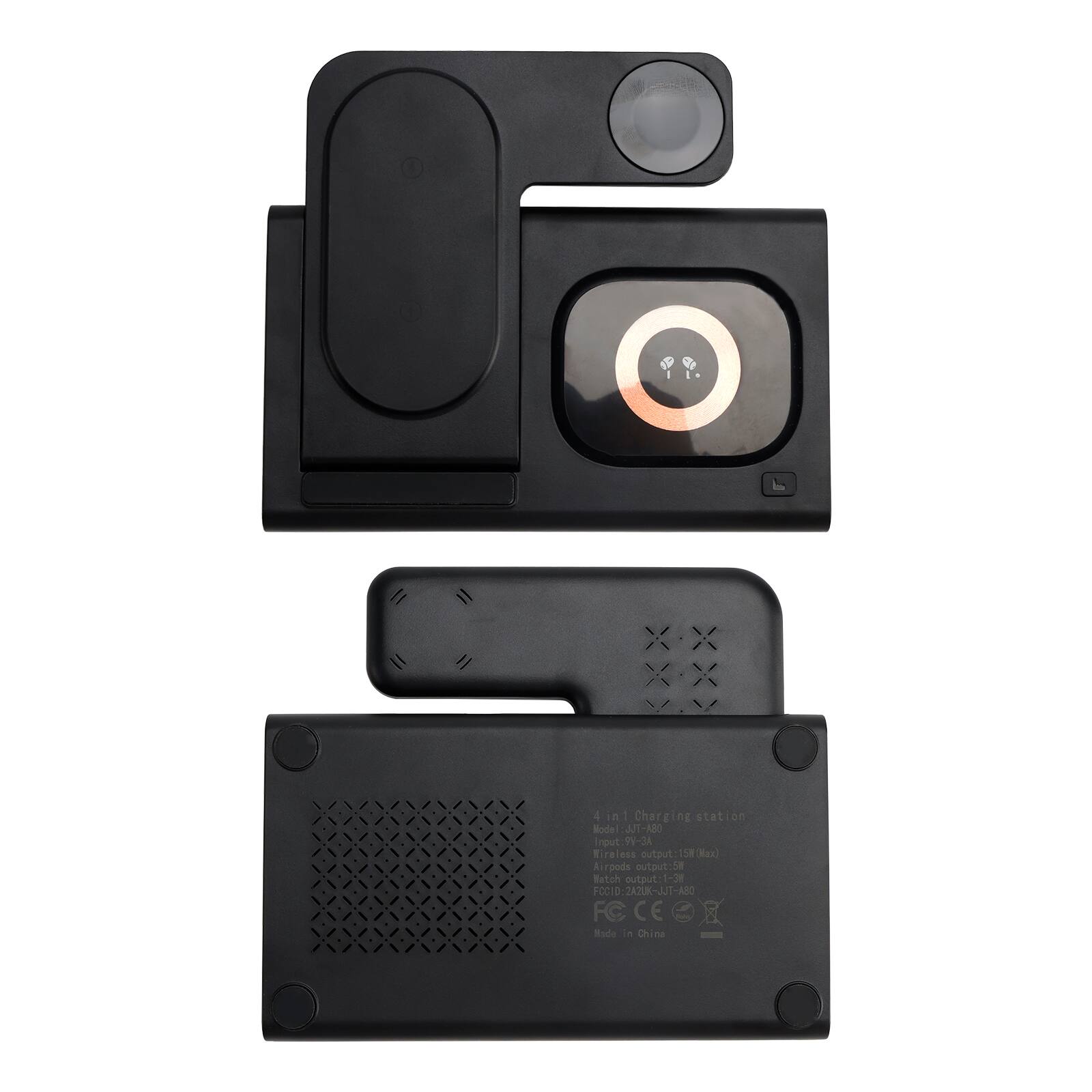 4 in 1 Charging station Mode  
JJT-AB  
Input: 5V/1A  
Output: 5V/1A  
Tiraless output: 580x  
Airpods eutaut 5  
Batch output: 1-1-37  
TOCED: 2A2UK-JU1-A80  
FC CE  
Made in China