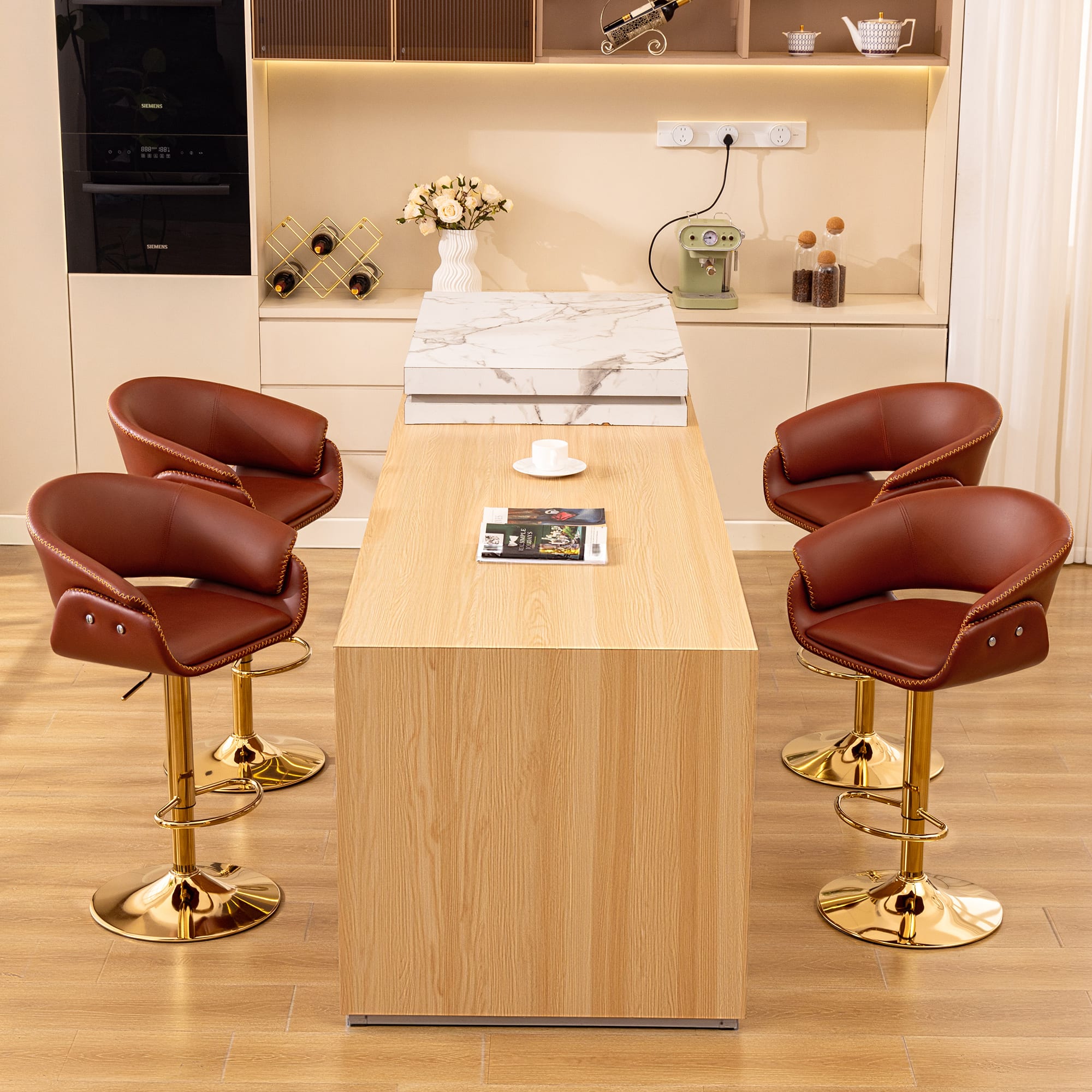 Brick Attic - 4PCS 24"-32"Adjustable Height Upholstered Low Back Bar ,360° Swivel PU Counter Stool with Footrest - WineRed