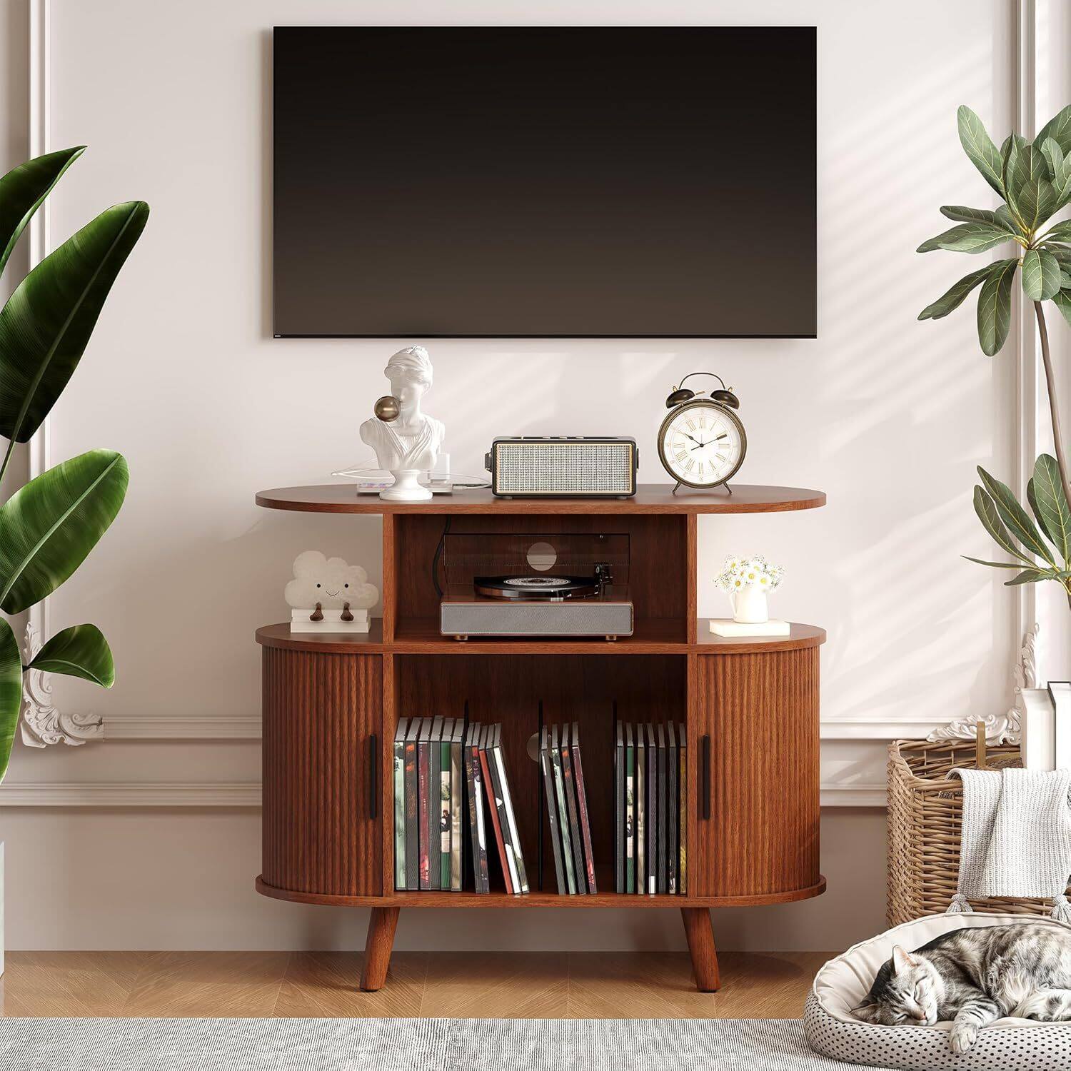 GARVEE - Modern Record Player Stand, Small TV Stand with Charging Station - Brown