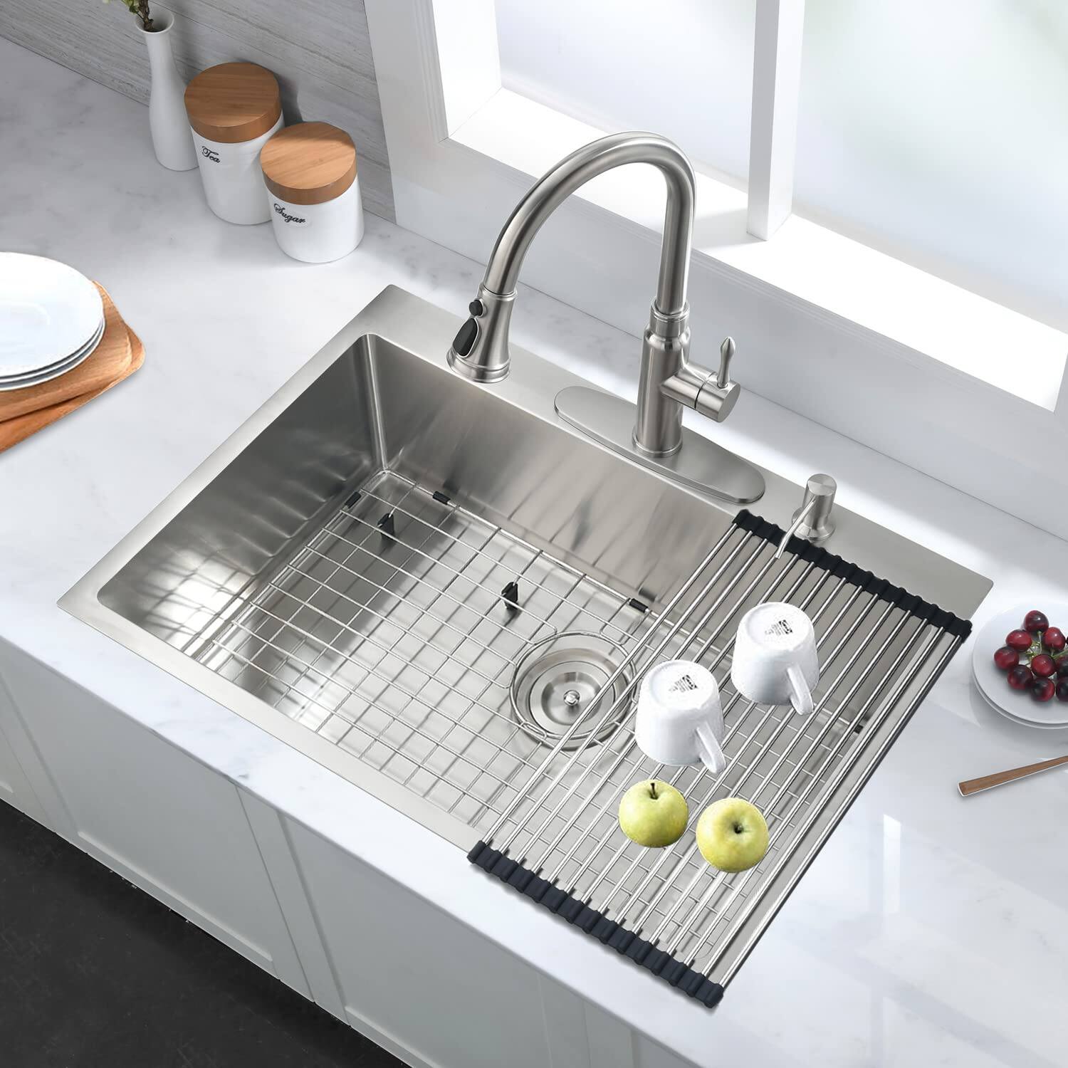 Angle. TinyHomie - 30 Inch 2-Hole Single Bowl Drop-In Stainless Steel Kitchen Sink with Bottom Grid and Basket Strainer - brown.