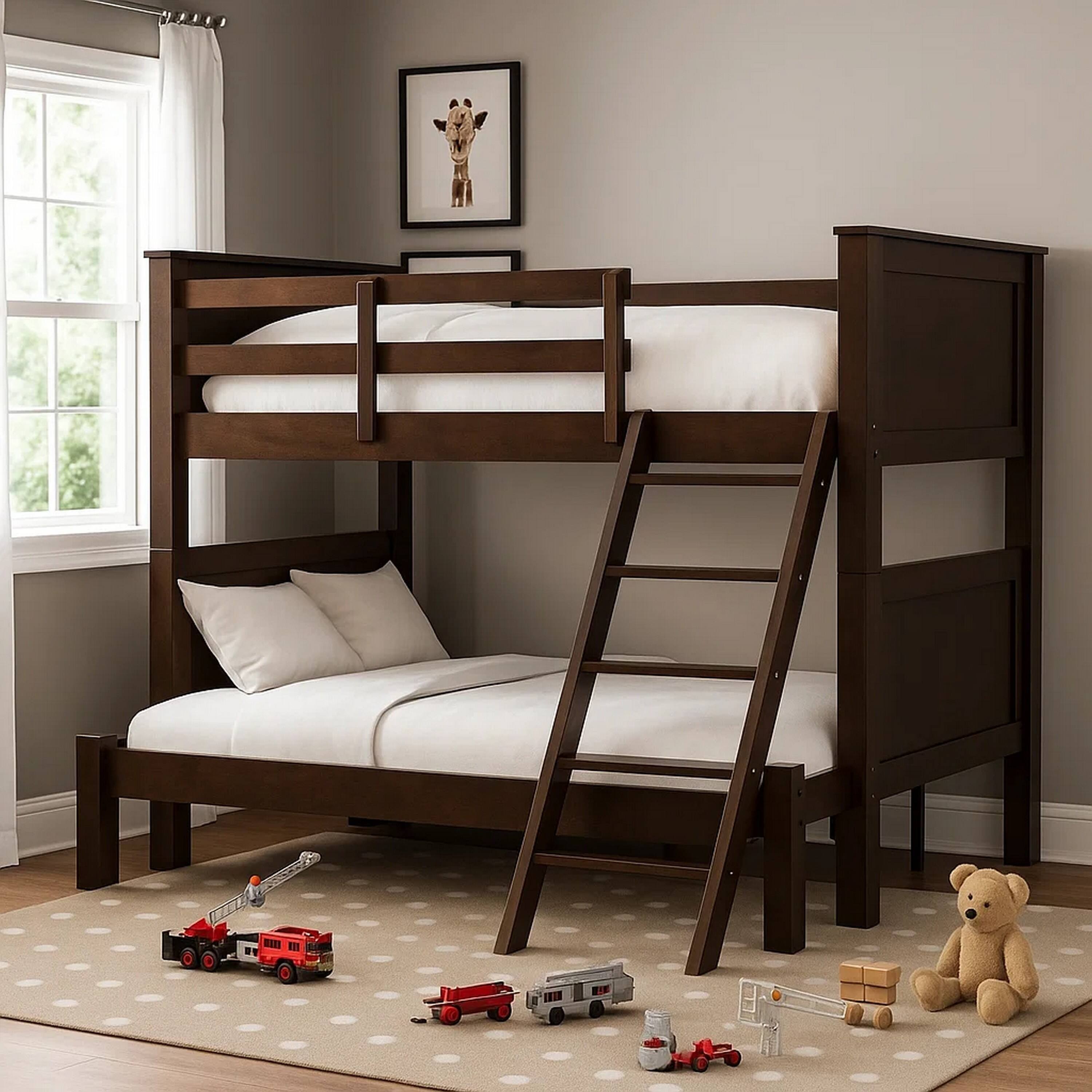 Alt View 3. Manhattan Lane - Zedy Twin over Full Bunk Bed with Ladder and Guardrails - Walnut Brown.