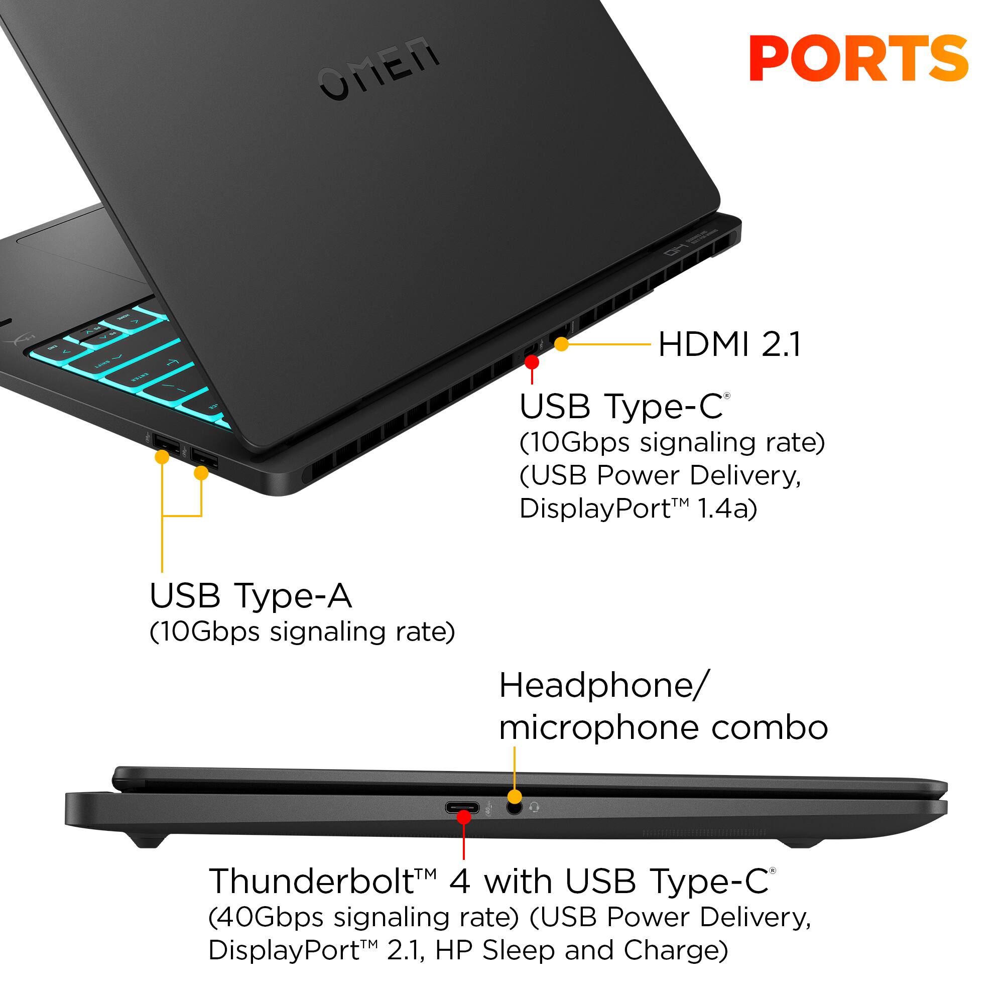 The image shows a laptop with several ports and features. These include an HDMI 2.1 port, a USB Type-C port, a USB Type-A port, a headphone/microphone combo, and a Thunderbolt 4 port. The laptop also has a 40Gbps signaling rate, USB Power Delivery, and DisplayPort 2.1 capabilities. Additionally, the laptop supports HP Sleep and Charge.