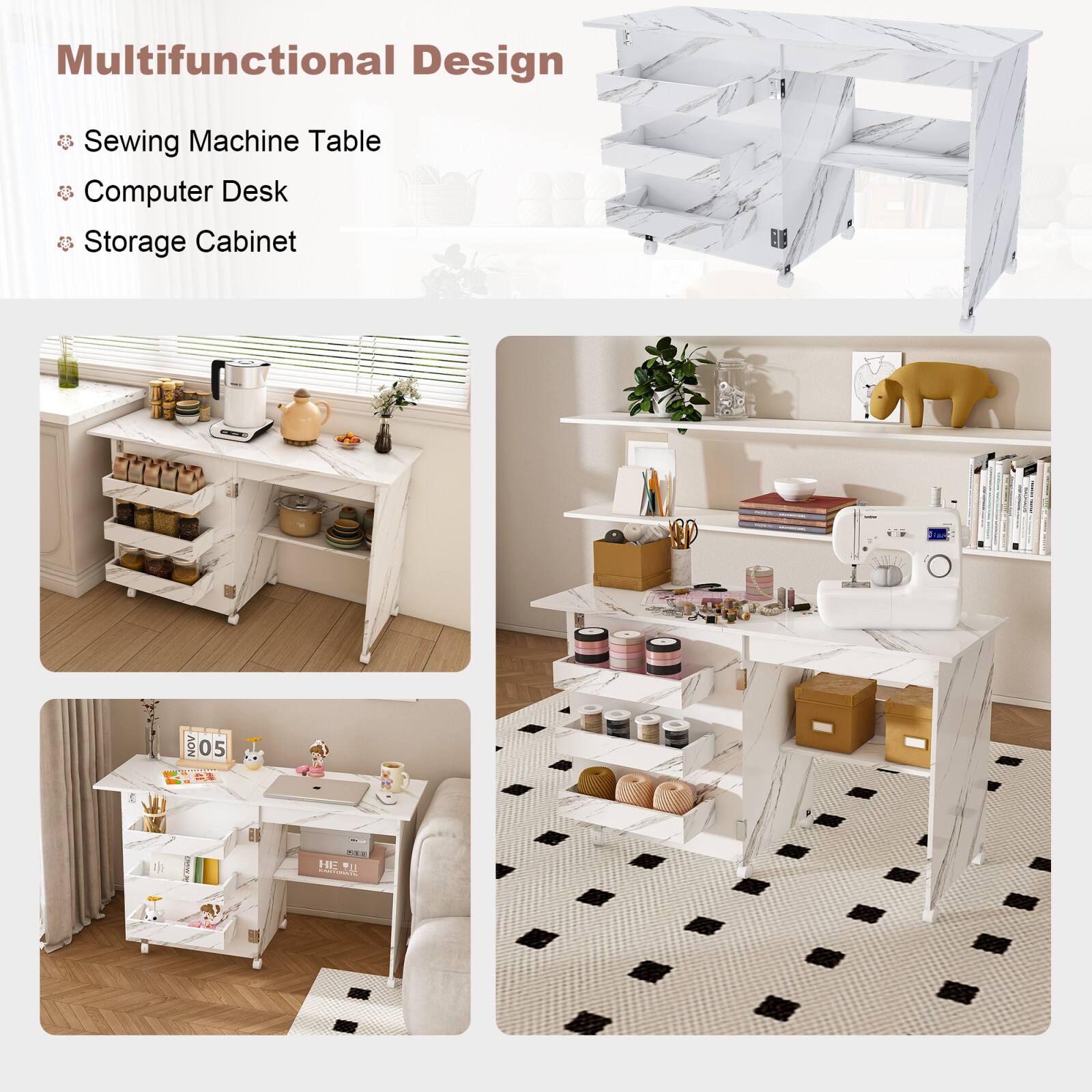 Multifunctional Design  
- Sewing Machine Table  
- Computer Desk  
- Storage Cabinet  

AON 05  
DI 1