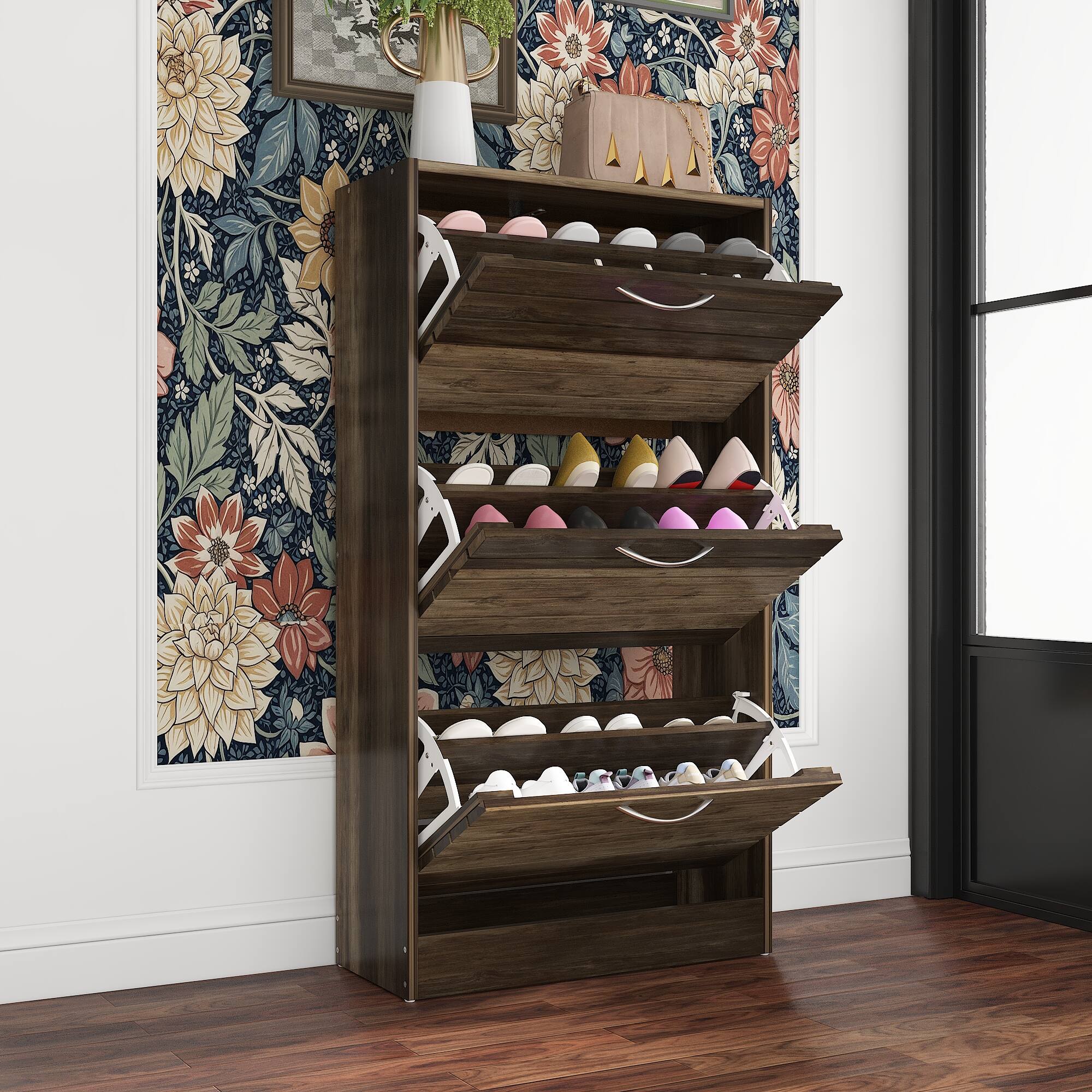 Alt View 10. Famapy - Famapy Farmhouse - Style Rustic Wood Shoe Cabinet – Flip - Down Drawers, Adjustable Shelves for Organized - Brown.