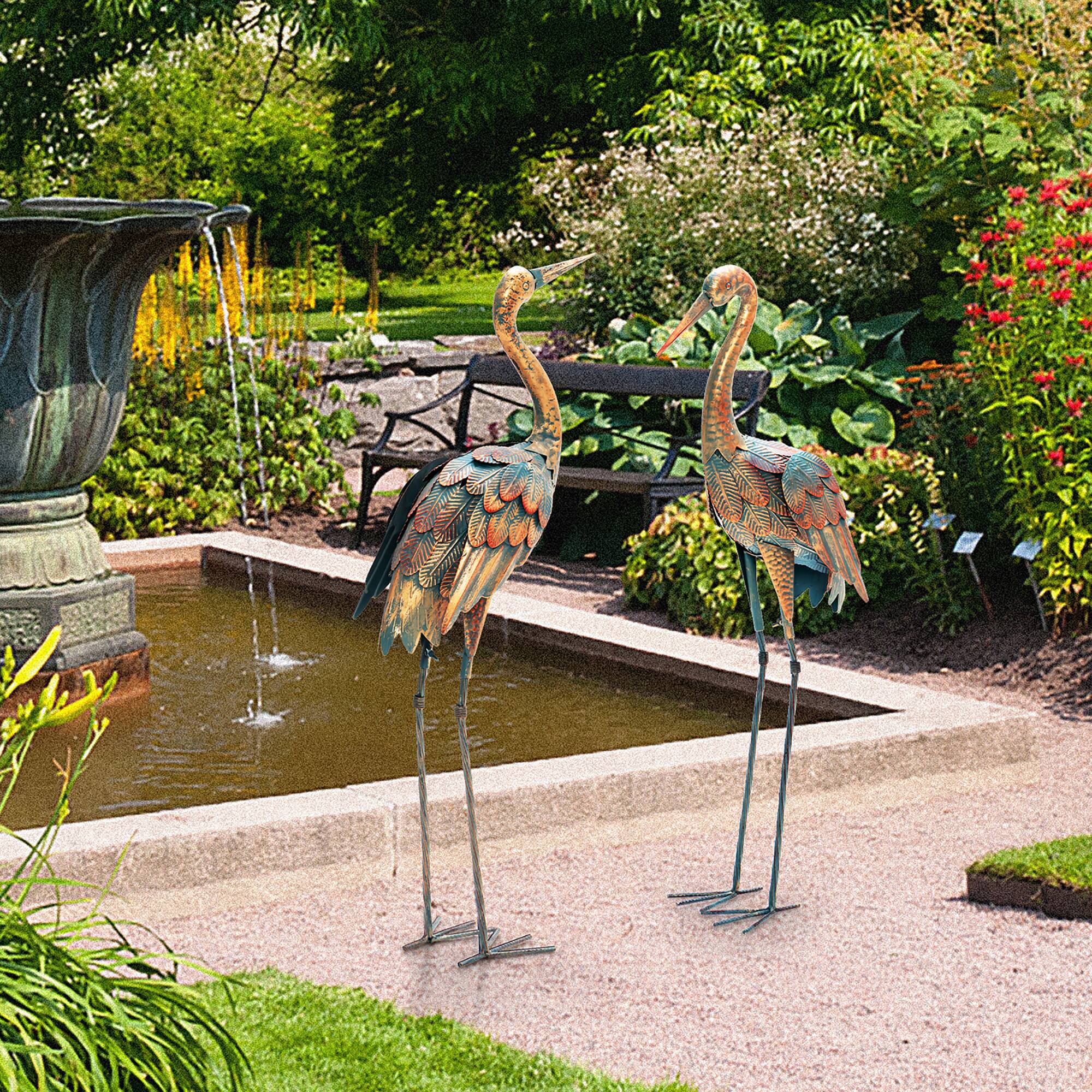 Alt View 4. Costway - 2-Piece Metal Crane Garden Statue Sculpture Set Outdoor Yard Lawn Decoration - Gradient Colored.