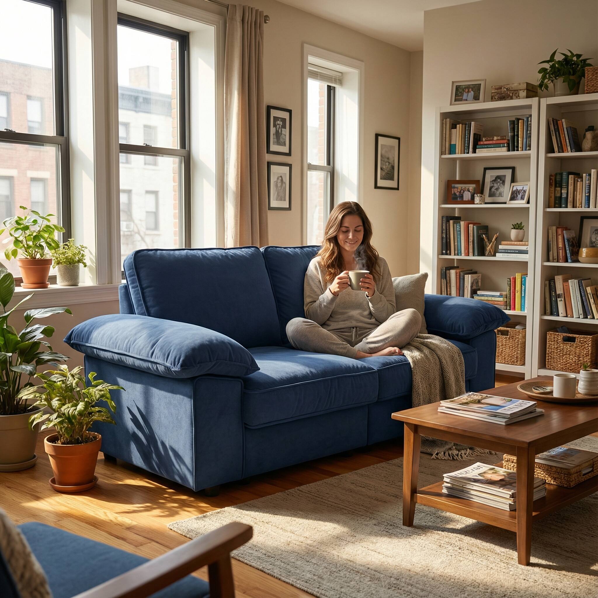 Angle. Anysun - 78.7" Velvet 2-Seat Storage Loveseat - Space-Saving Compact Couch for Small Apartments. - Blue.