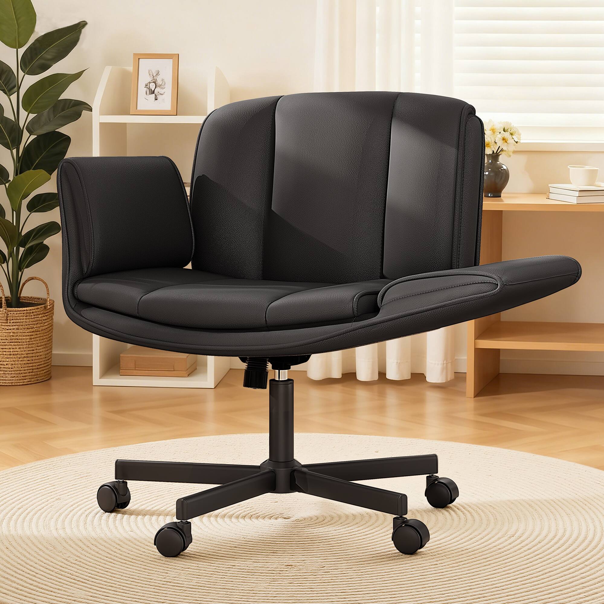 Alt View 9. KERDOM - 4 in 1 Cross-Legged Chair with Wheels & Expandable Arms, PU Leather Wide Seat Vanity Chair, Home Office Computer Chair - Black.
