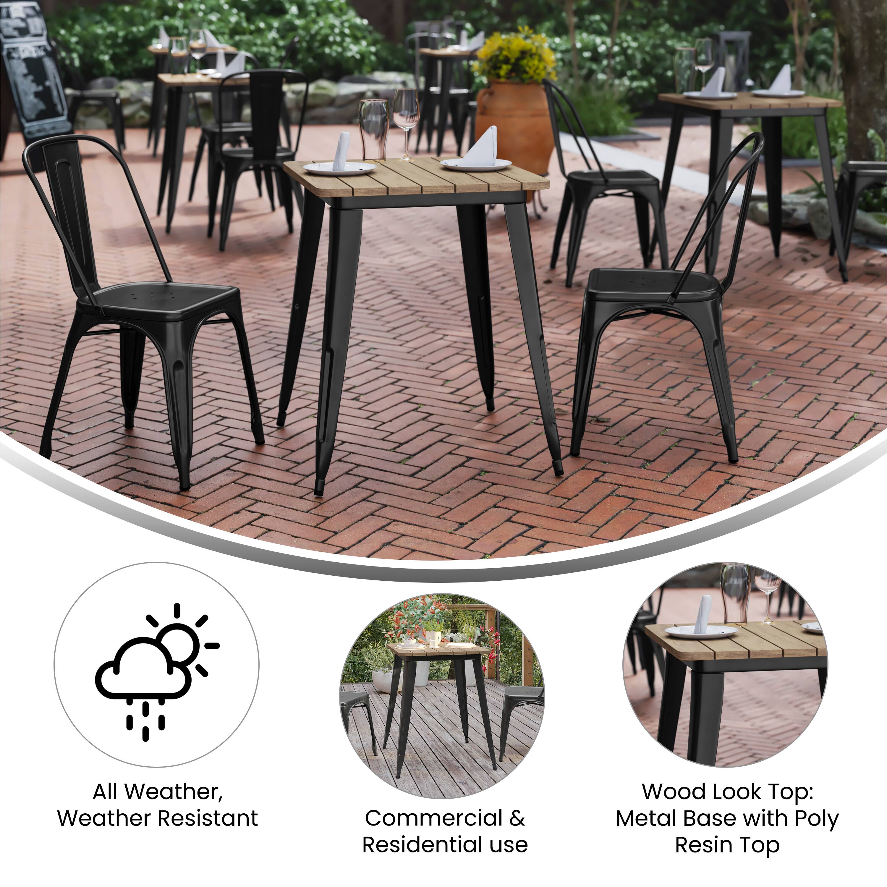 All Weather, Weather Resistant  
Commercial & Residential use  
Wood Look Top: Metal Base with Poly Resin Top