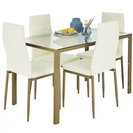 Front. Best Choice Products - Best Choice Products 5-Piece Kitchen Dining Table Set w/ Glass Tabletop, 4 Faux Leather Chairs - Ivory/Gold - Ivory/Gold.