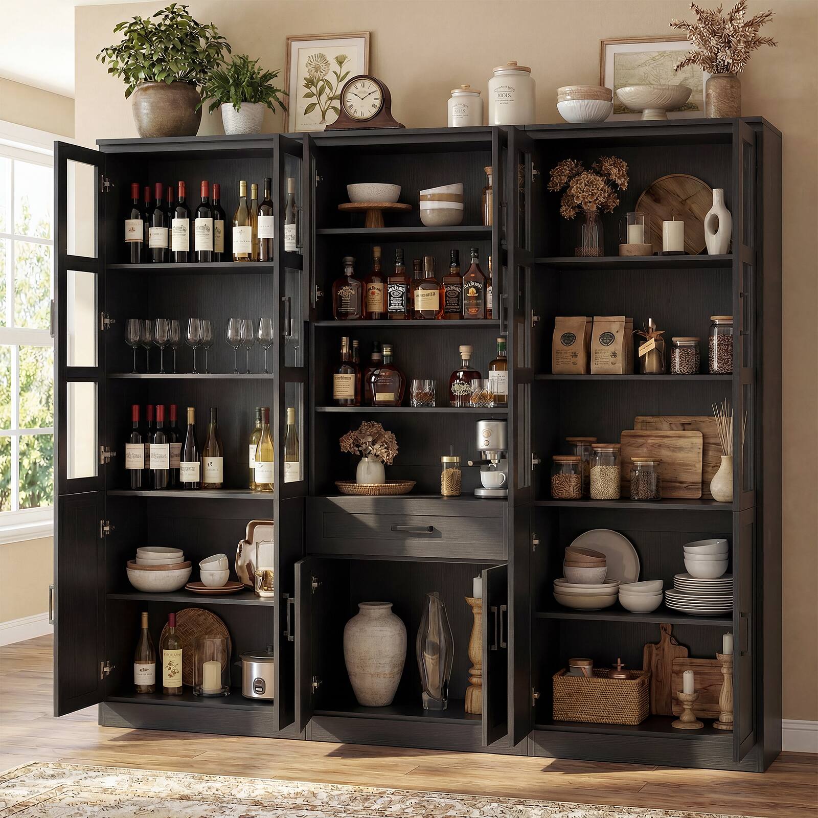 Front. Aheaplus - 79.7'' Tall Pantry Cabinet 3-Piece Set - 70.8'' Width Kitchen Hutch Cabinet with Drawers & Adjustable Shelves - Black.