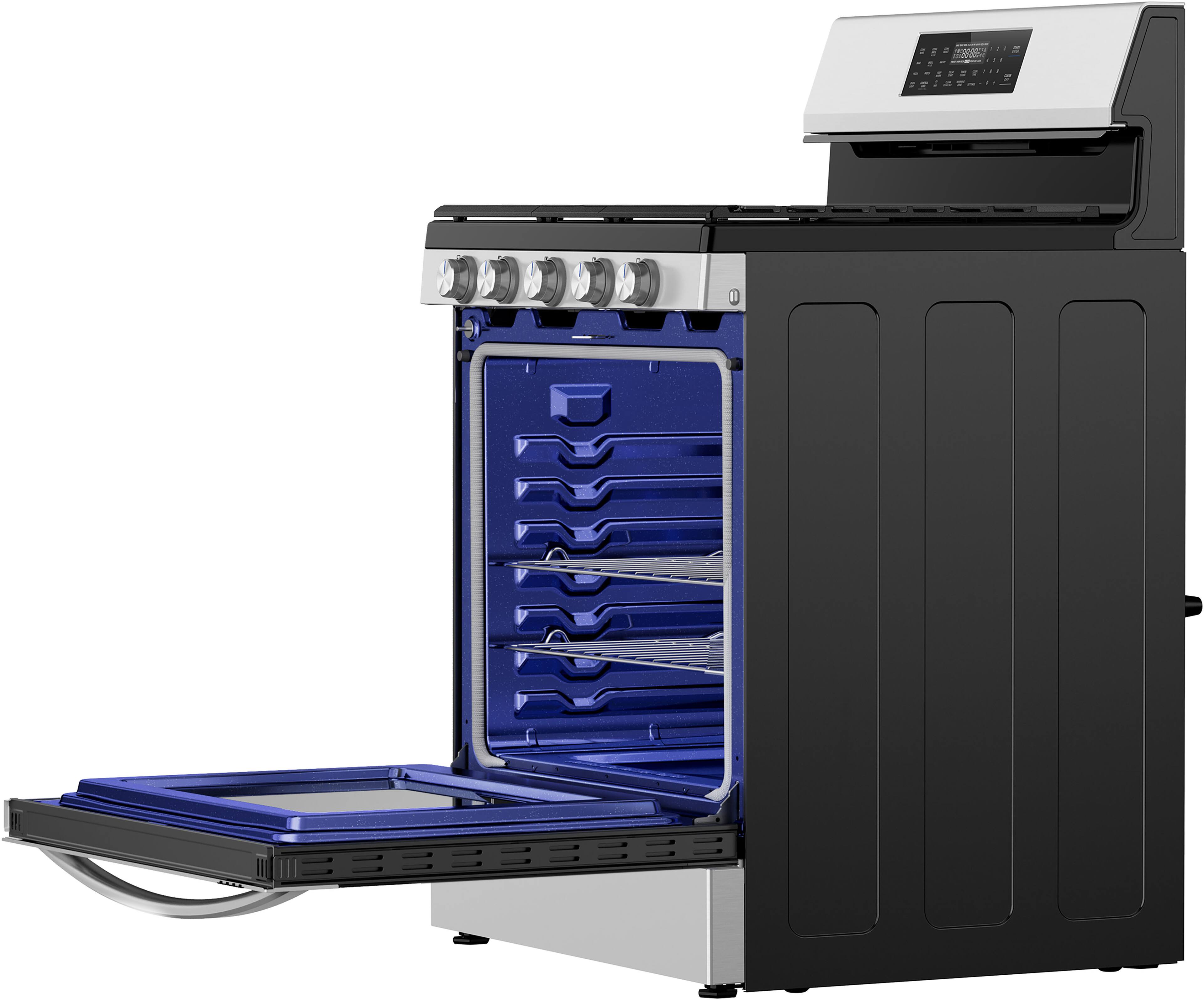 Angle. Midea - 30 in. Wide 6.1 cu. ft. 5-Burner Freestanding Gas Range with Sapphire Blue Interior, Self Clean, Air Fry, 18k Dual-Valve - Stainless Steel.