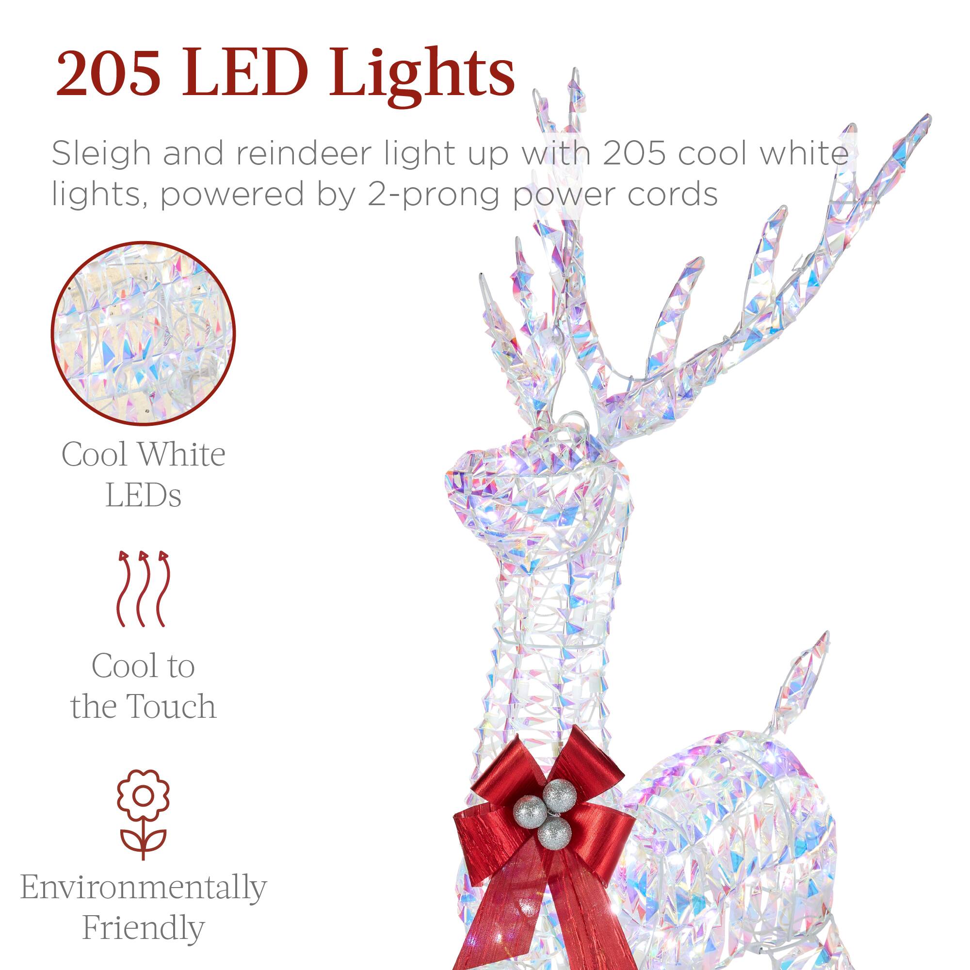 205 LED Lights

Sleigh and reindeer light up with 205 cool white lights, powered by 2-prong power cords

- Cool White LEDs
- Cool to the Touch
- Environmentally Friendly