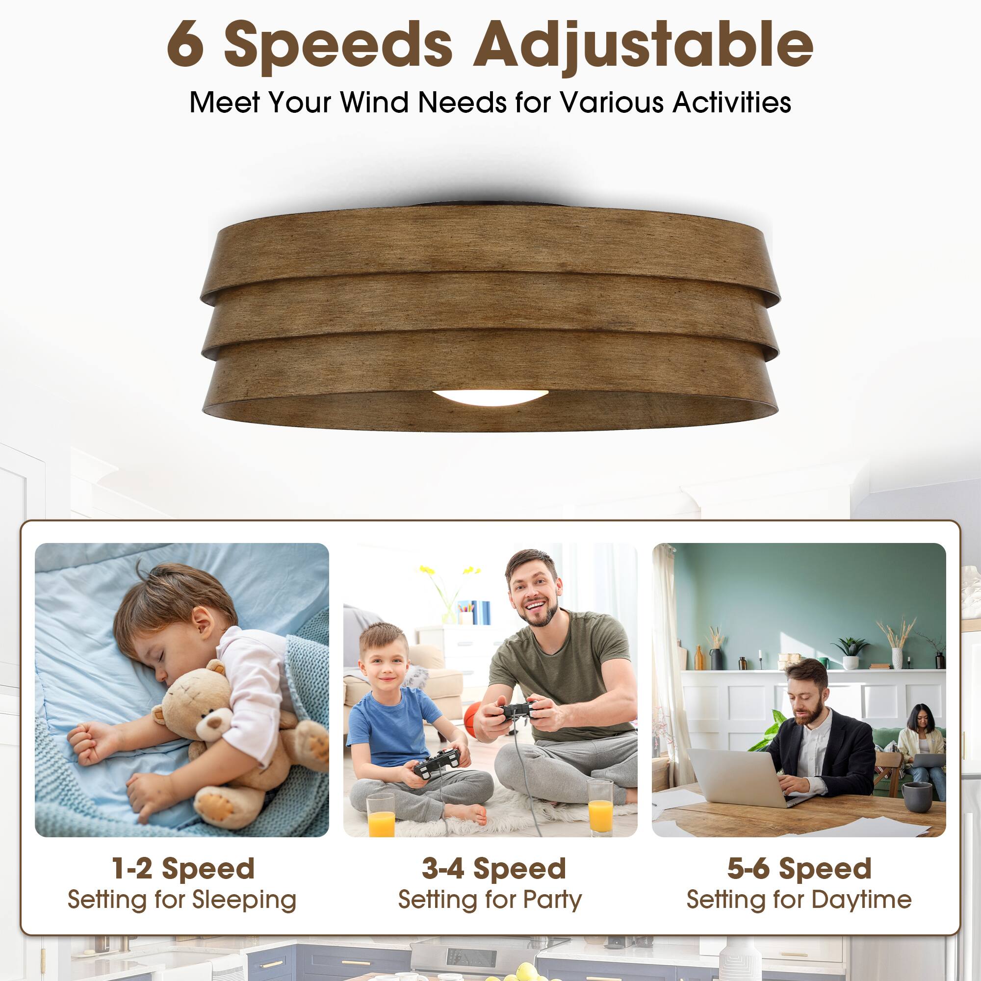 6 Speeds Adjustable  
Meet Your Wind Needs for Various Activities  

1-2 Speed Setting for Sleeping  
3-4 Speed Setting for Party  
5-6 Speed Setting for Daytime