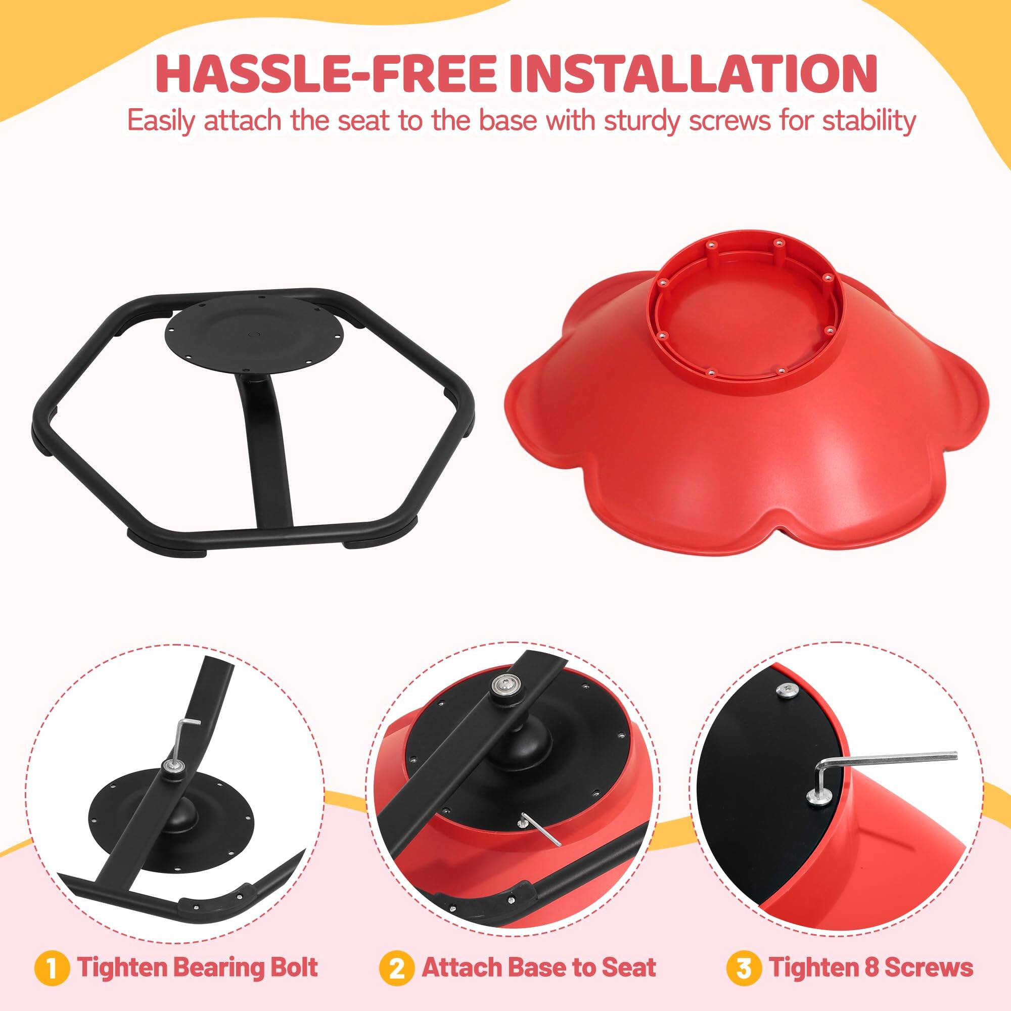 HASSLE-FREE INSTALLATION

Easily attach the seat to the base with sturdy screws for stability

1. Tighten Bearing Bolt
2. Attach Base to Seat
3. Tighten 8 Screws