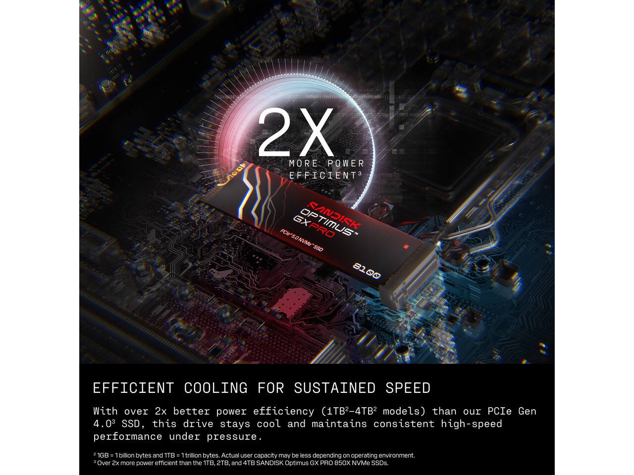 2X MORE POWER EFFICIENT

SANDISK OPTIMUS GX PRO 5.0 NVMe SSD 8100

EFFICIENT COOLING FOR SUSTAINED SPEED

With over 2x better power efficiency (1TB-4TB models) than our PCIe Gen 4.0 SSD, this drive stays cool and maintains consistent high-speed performance under pressure.

1GB = 1 billion bytes and 1TB = 1 trillion bytes. Actual user capacity may be less depending on operating environment. Over 2x more power efficient than the 1TB, 2TB, and 4TB SANDISK Optimus GX PRO 850X NVMe SSDs.