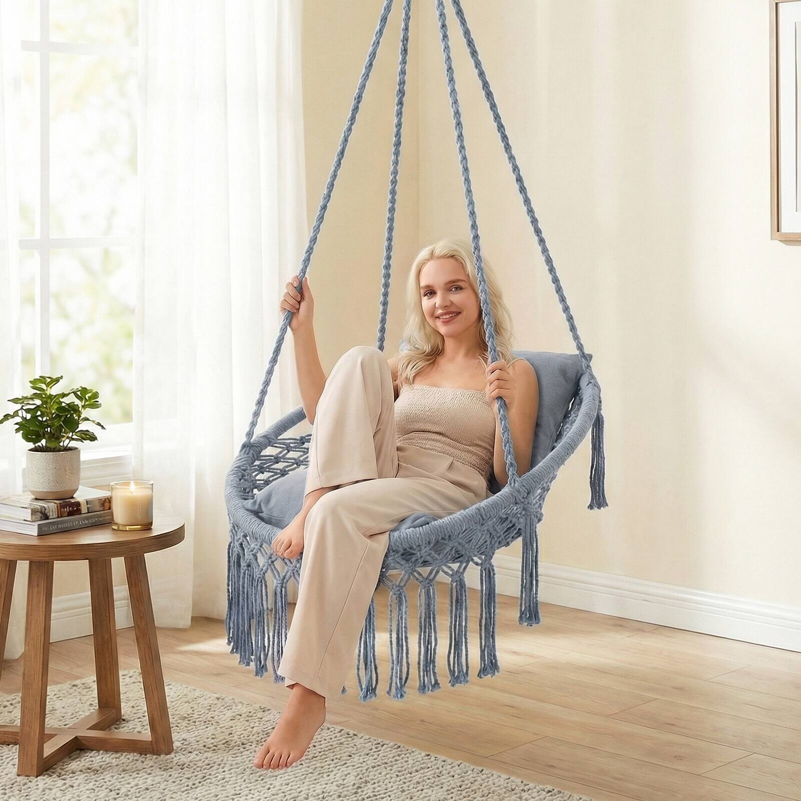 Alt View 1. Costway - Costway Macrame Swing Chair with 2 Removable Cushions, Enduring Polyester Cotton Ropes - Gray.