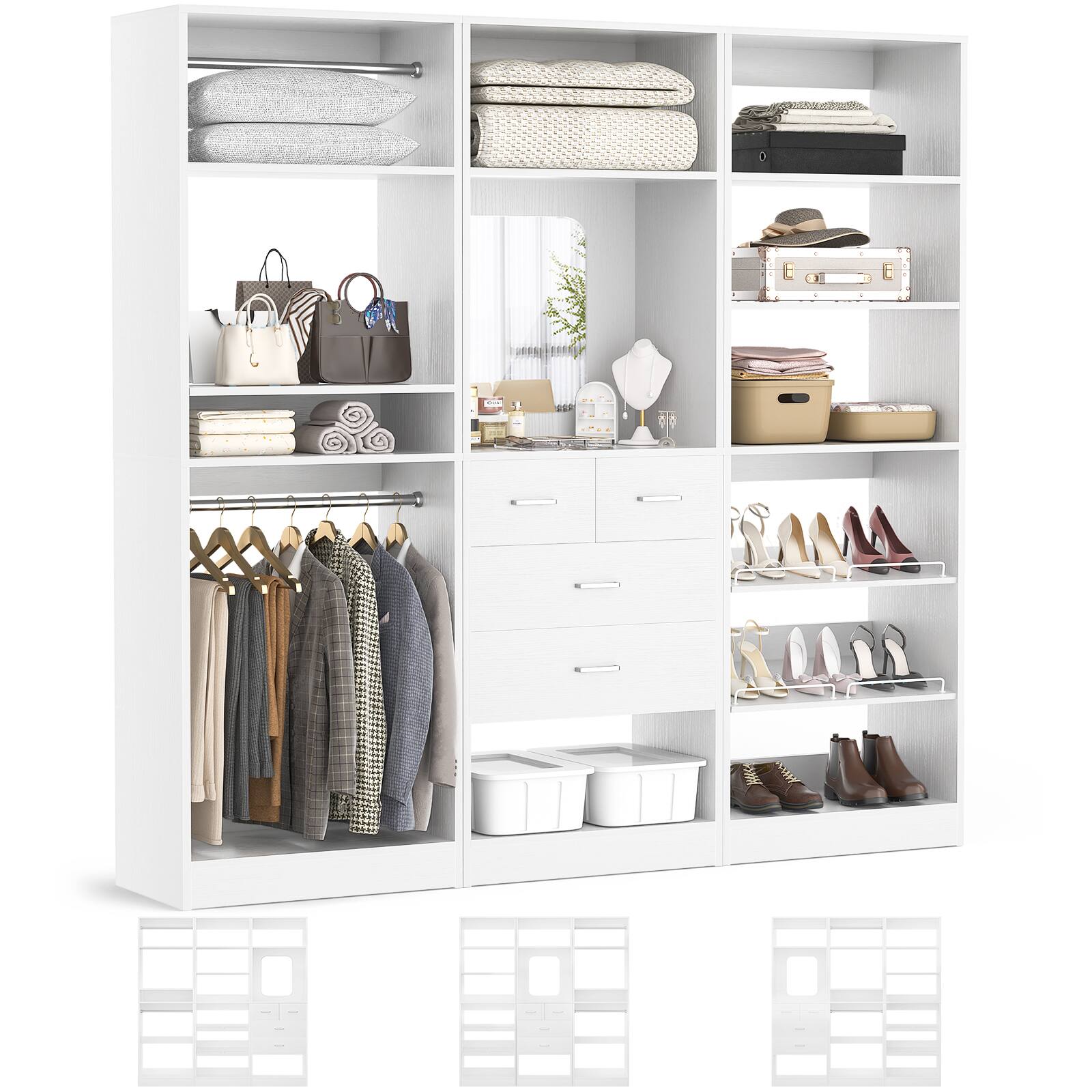 Angle. Aheaplus - 75'' Wide Walk-in Closet Organizer System, All-in-One Storage System with Drawers, Hanging Rods and Shelves - White.