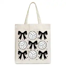 OrnamentallyYou - Coquette Volleyball Bows Canvas Tote Bag, Cute Athletic Sports Game Day Gift Shopper - Beige