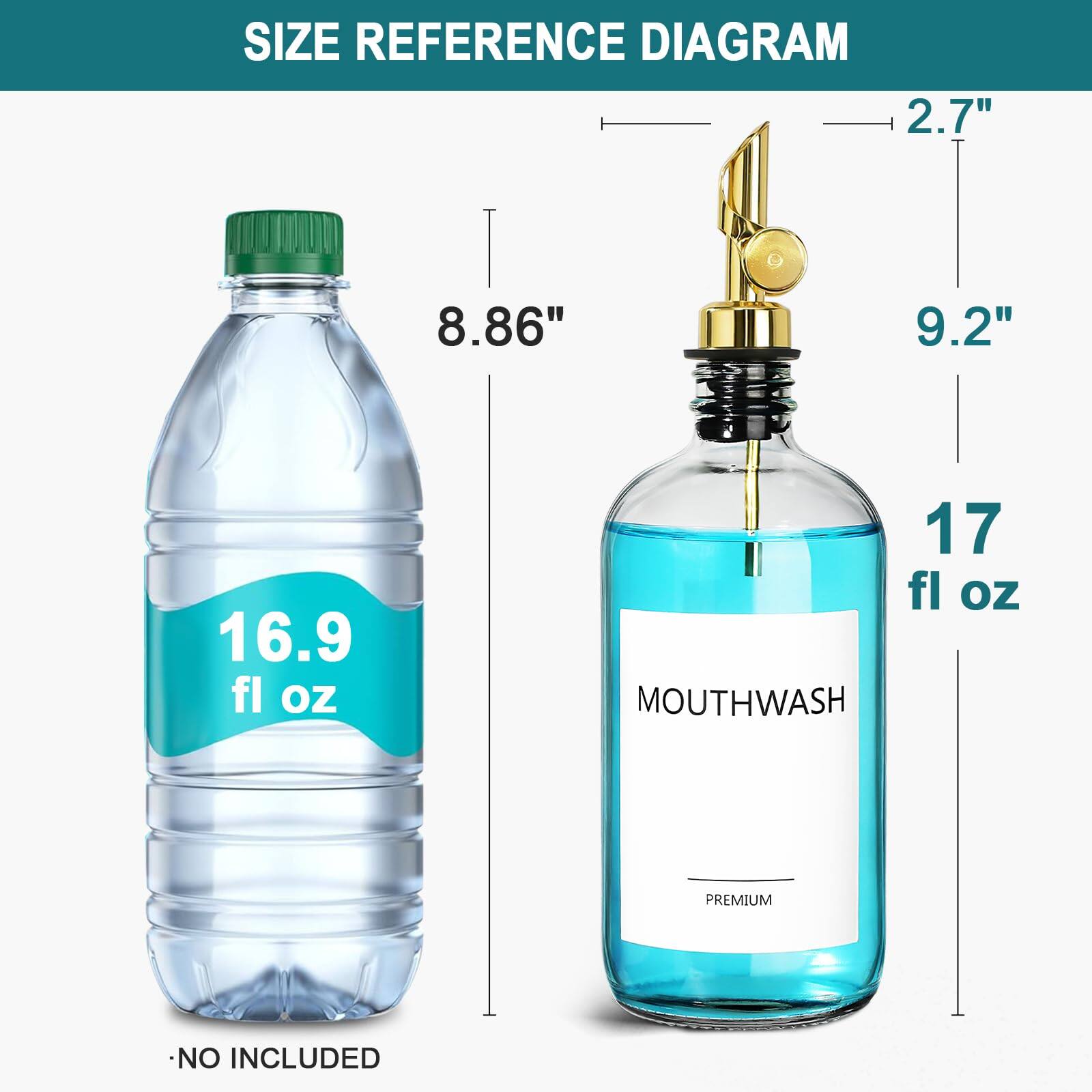 SIZE REFERENCE DIAGRAM

- 16.9 fl oz
- 8.86"
- NO INCLUDED

- MOUTHWASH PREMIUM
- 17 fl oz
- 9.2"
- 2.7"