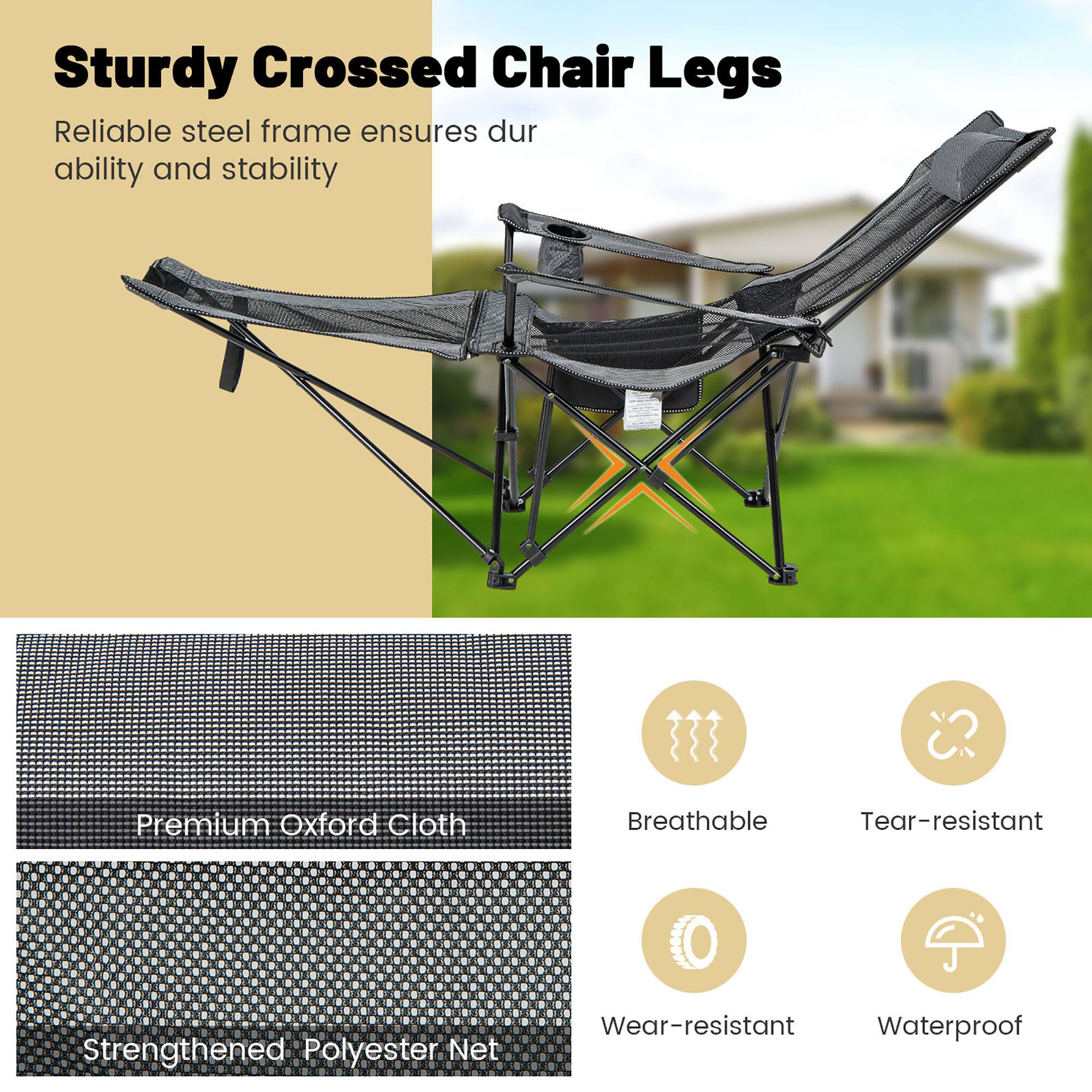 Sturdy Crossed Chair Legs  
Reliable steel frame ensures durability and stability  

Premium Oxford Cloth  
Breathable  
Tear-resistant  

Strengthened Polyester Net  
Wear-resistant  
Waterproof