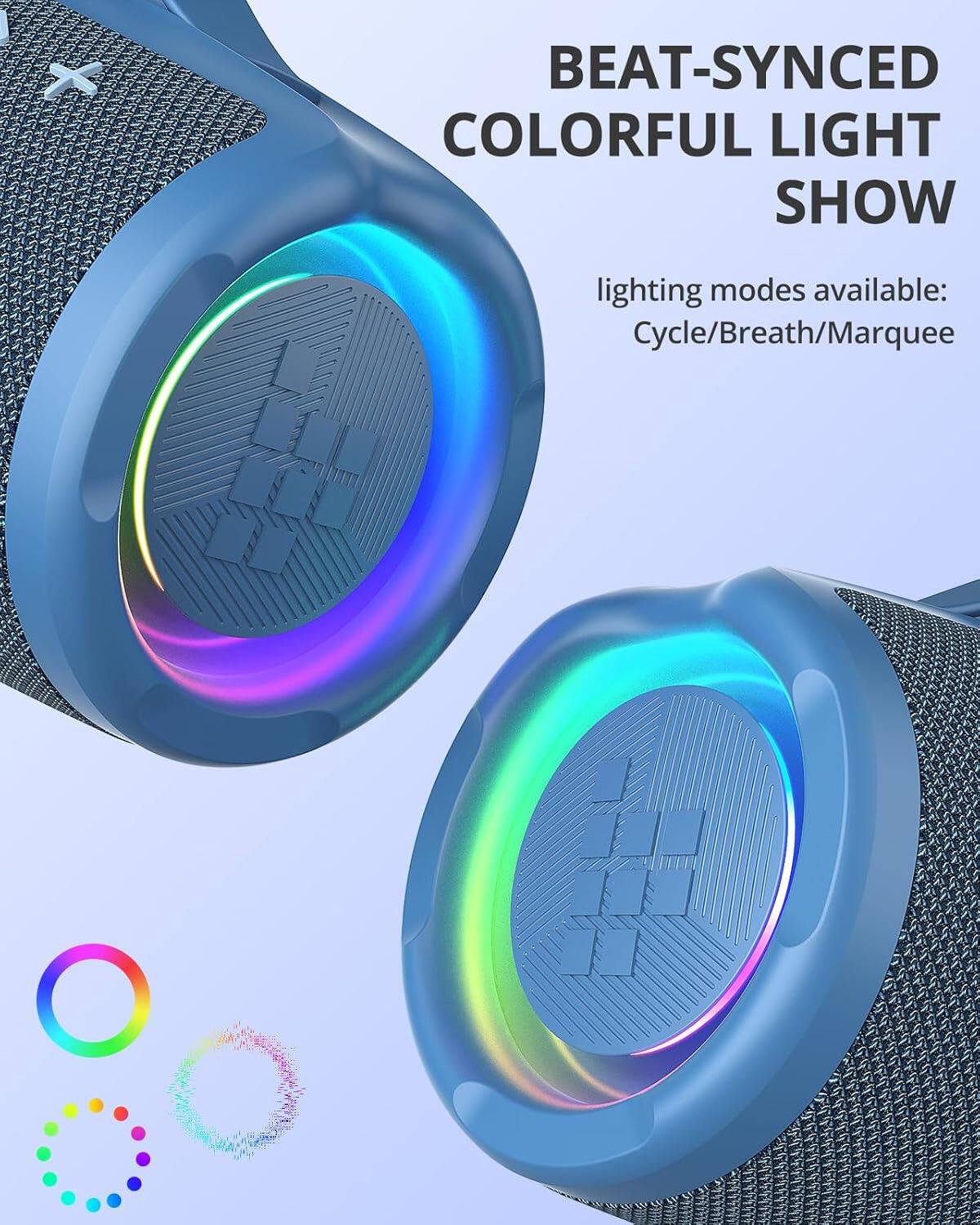 The text on the image reads: "Beat-synced colorful light show. Lighting modes available: Cycle/Breath/Marquee."