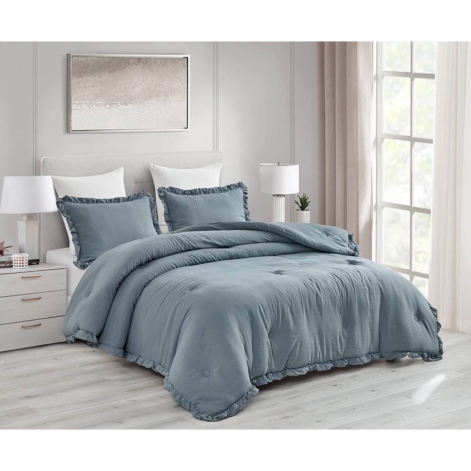 Angle. Hivvago - King Oversized Blue Ruffled Edge Microfiber Comforter Set - Blue.
