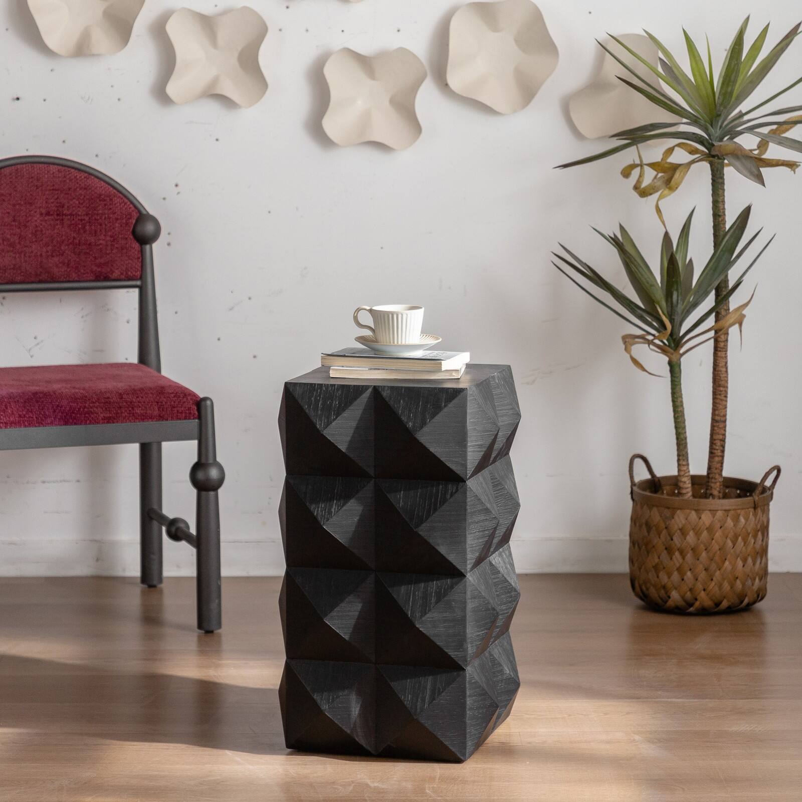 Alt View 7. Ecooso - 23.62"Height Three-dimensional Embossed Pattern Design Retro Side Table Retro Wooden Nightstand - Black.