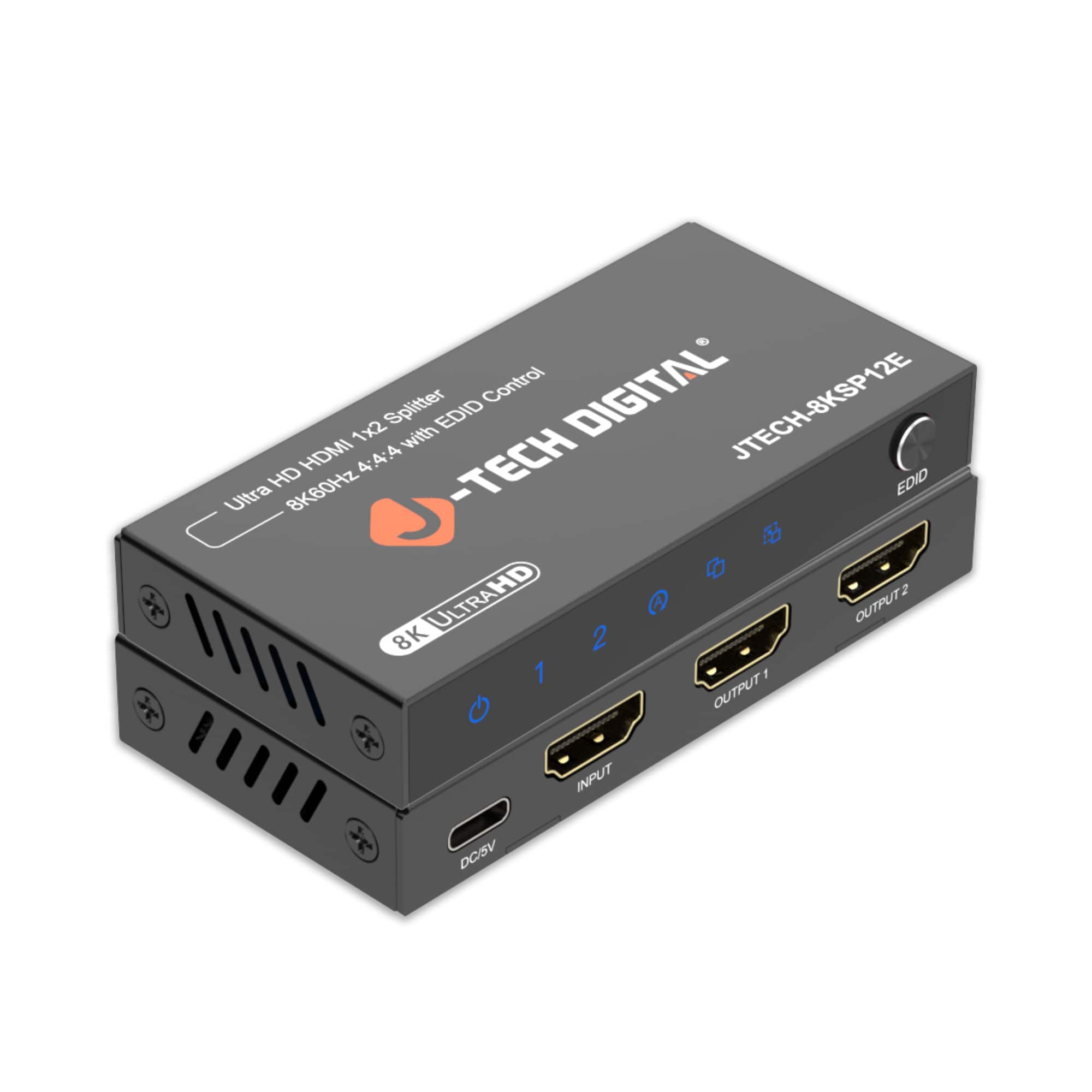 J-Tech Digital - 8K 60Hz 1x2 HDMI Splitter with Downscaling and EDID Control - Black
