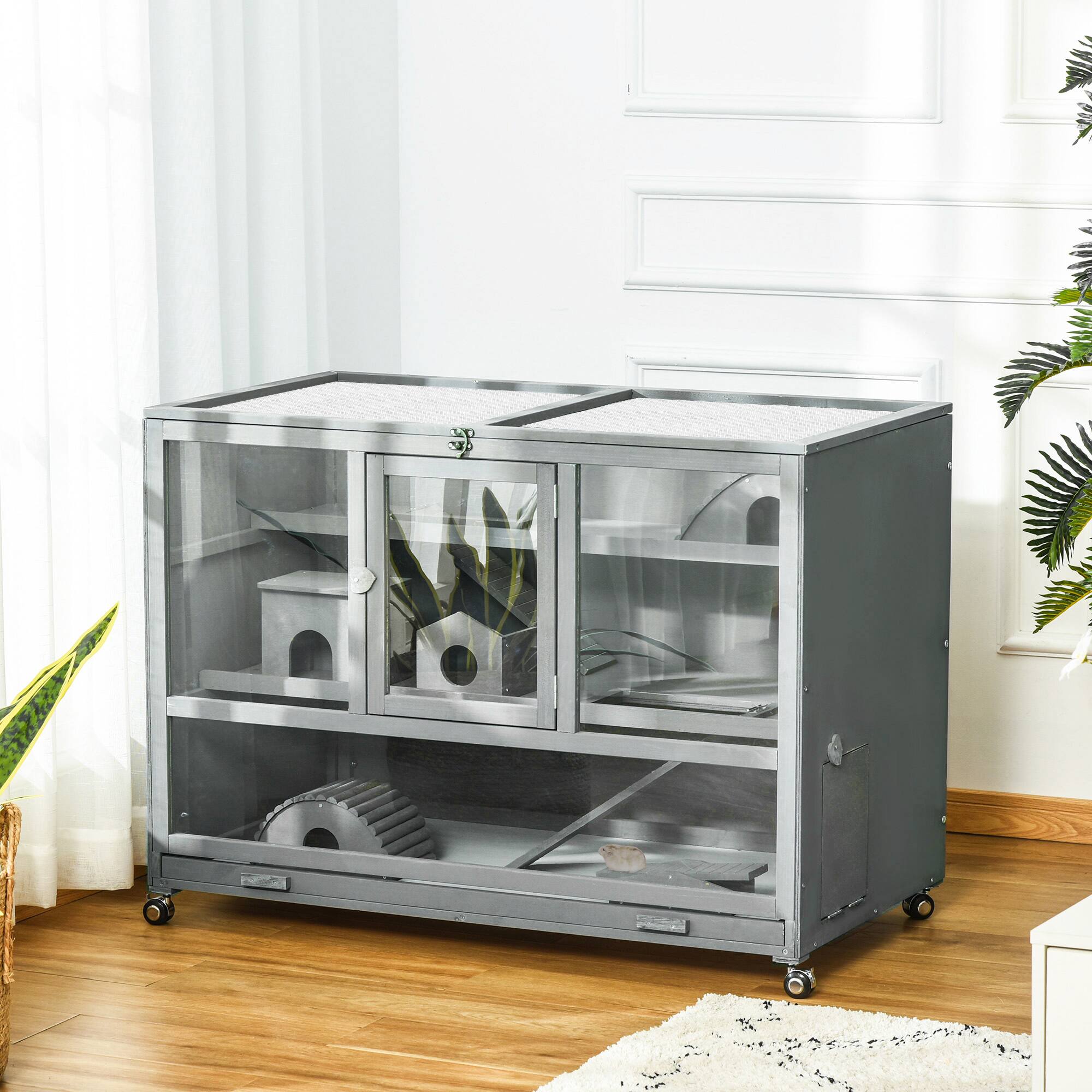 Angle. Pawhut - Wooden Large Hamster Cage with Seesaw, Wheels, Small Animal Cage, Habitat, 3-Tier Hamster Habitat with Ladder.