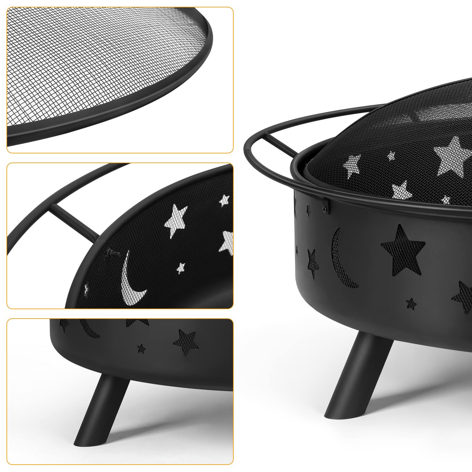 Back. Oumilen - 42.5" Large Outdoor Fire Pit with Star & Moon Cutouts, Spark Screen & Poker.