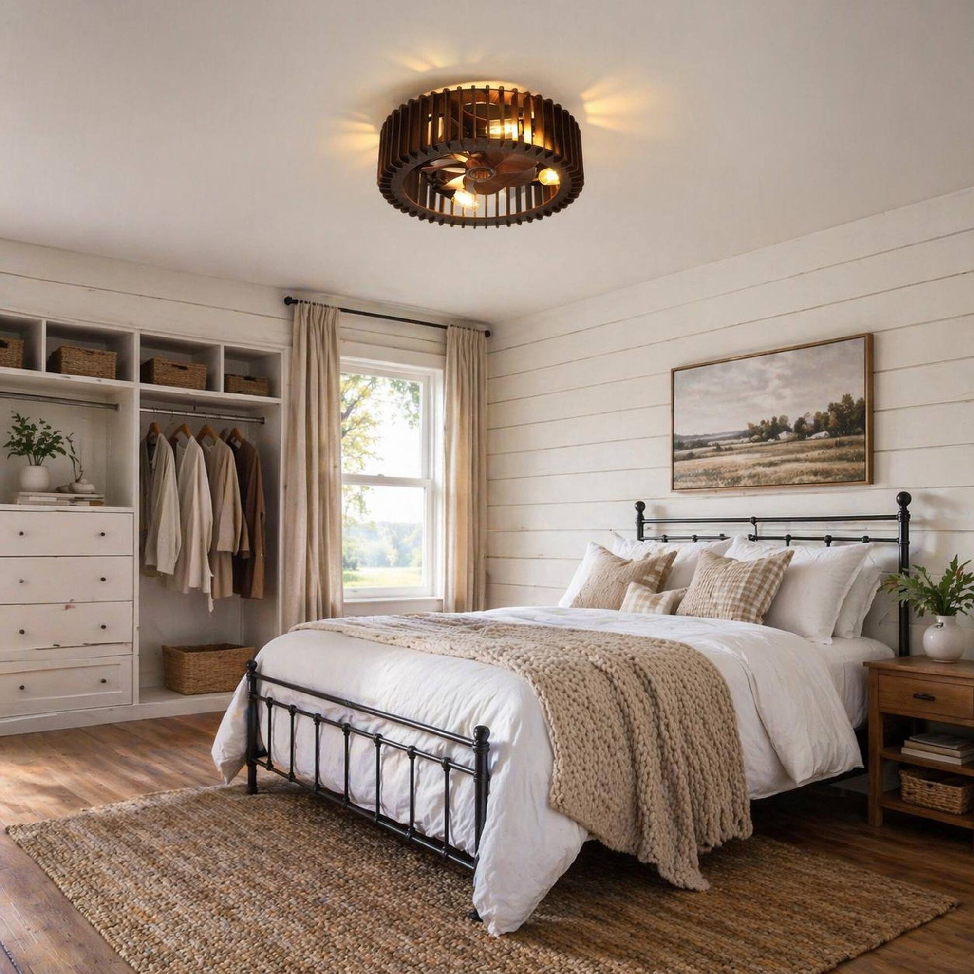 RYHNUYNE Handcrafted Wooden Semi Flush Mount Ceiling Light with 4 Light ...