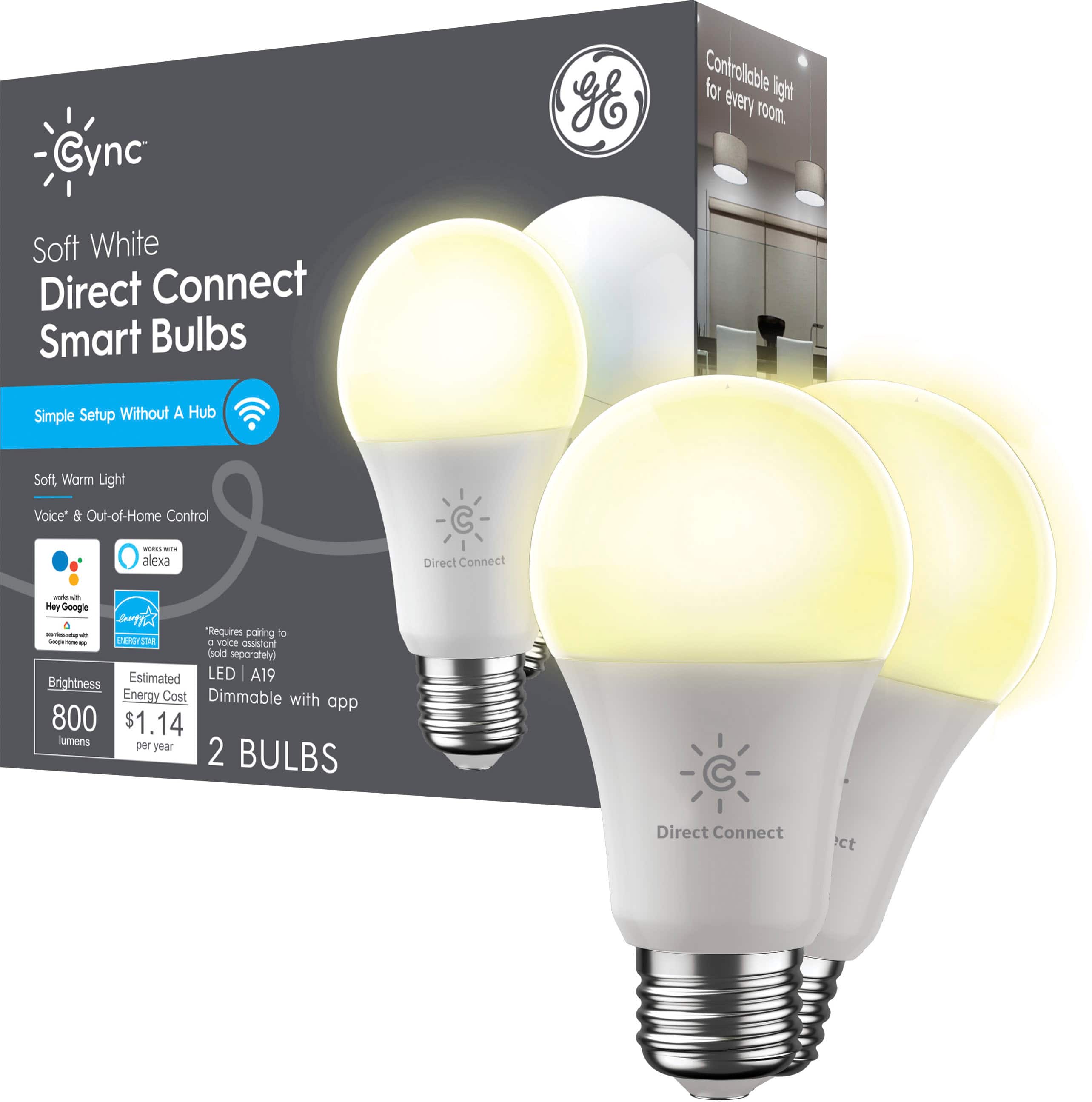 GE - Cync A19 Smart LED Bulb (2 Pack) - Soft White - Front_Zoom
