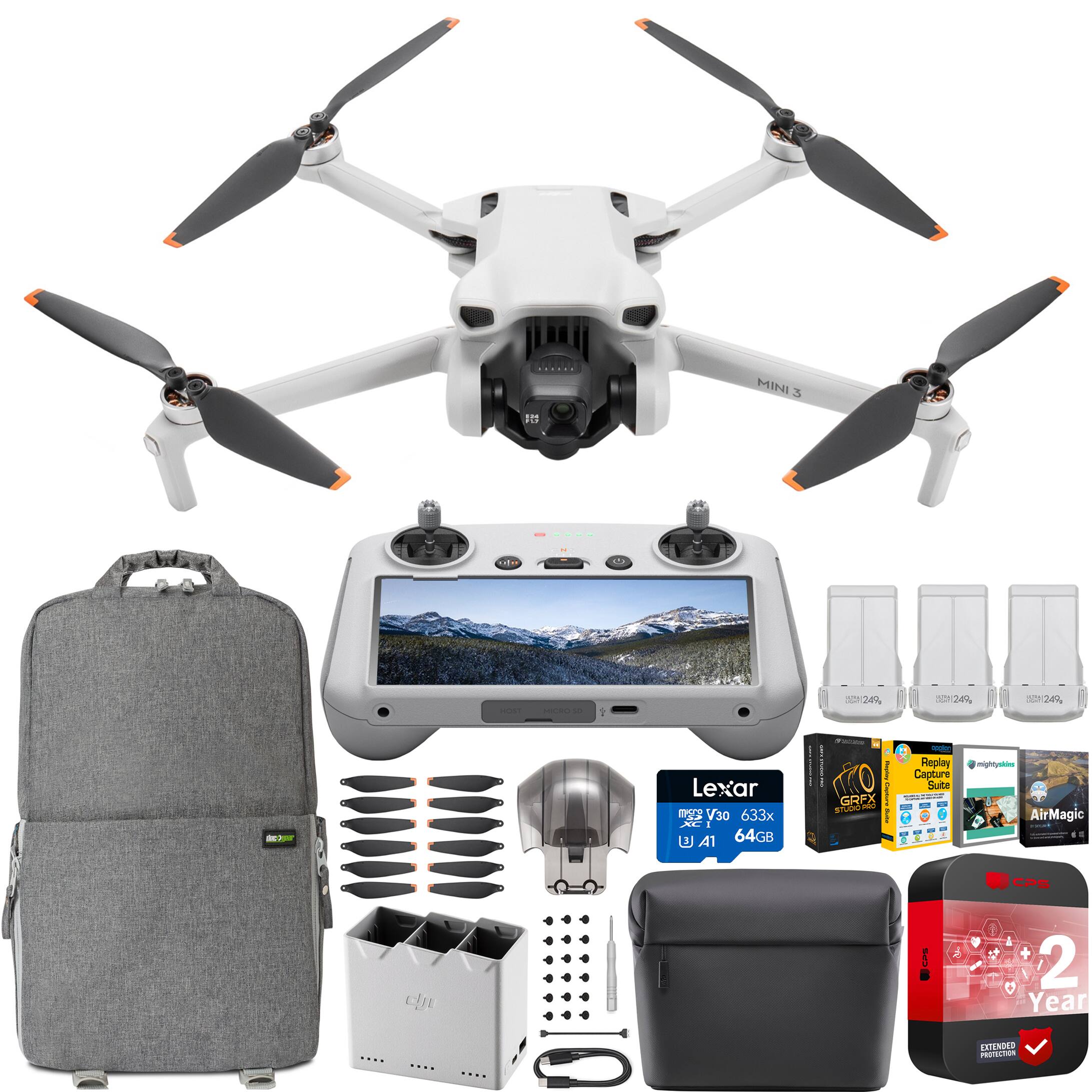 MINI 3
- 1 Battery
- 12 - Accessories
- 24% - Lexar T3 V30 633x 1 E A1 64GB
- 1 L GREX Sadd + Fadd
- Replay Capture Suite
- AirMagic
- 2 Year EXTENDED PROTECTION