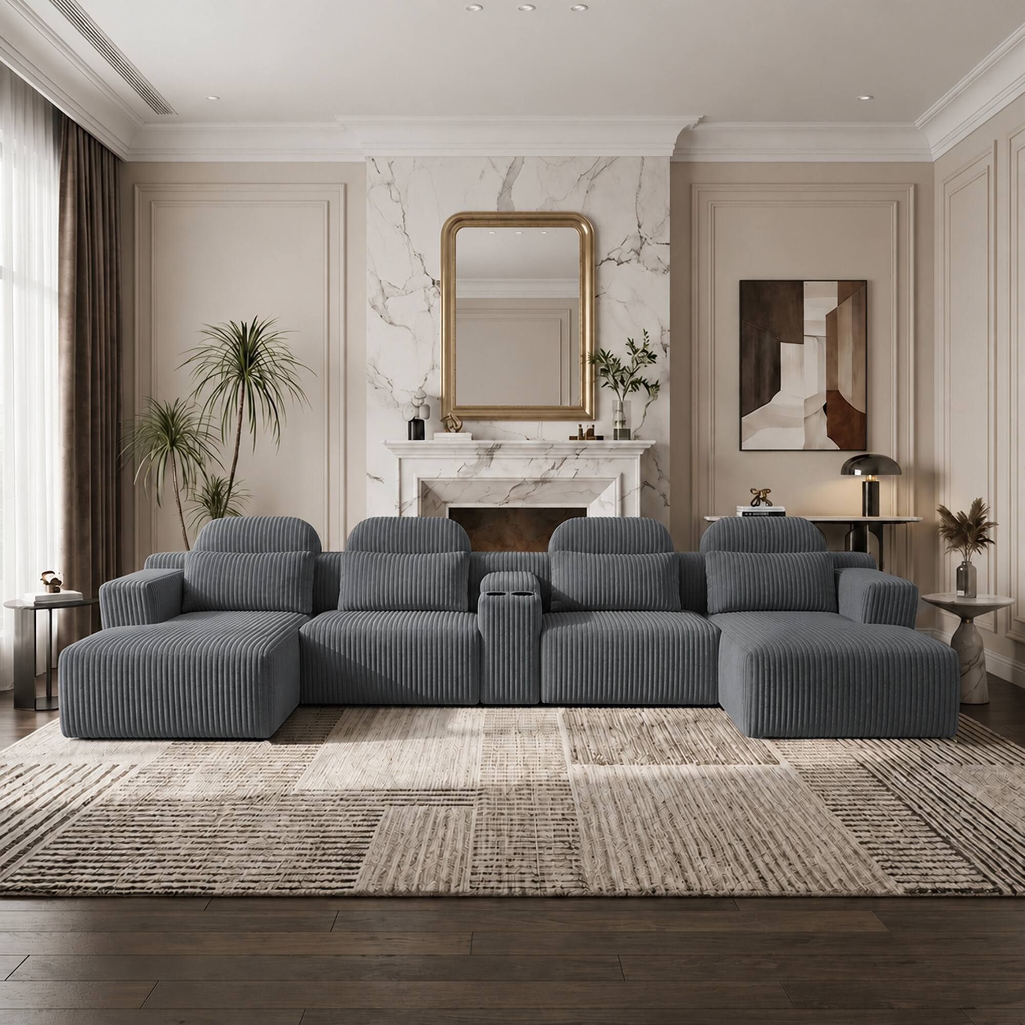 Angle. Anysun - 143.7" U-Shaped Velvet Sectional Sofa with Chaise Lounge & Cup Holders, Extra Large Modular Couch for Home - Dark Gray.