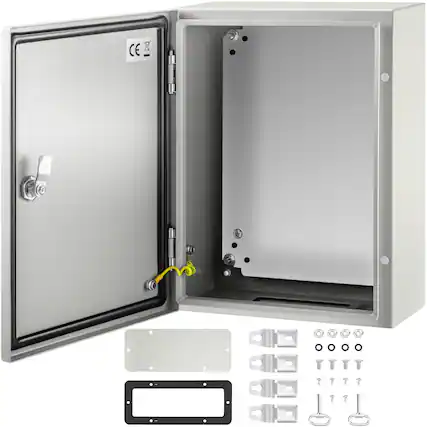 Front. VEVOR - Carbon Steel Electrical Box, 16 x 12 x 6 inches, Hinged Cover, IP66 Waterproof & Dust Resistant - Gray White.