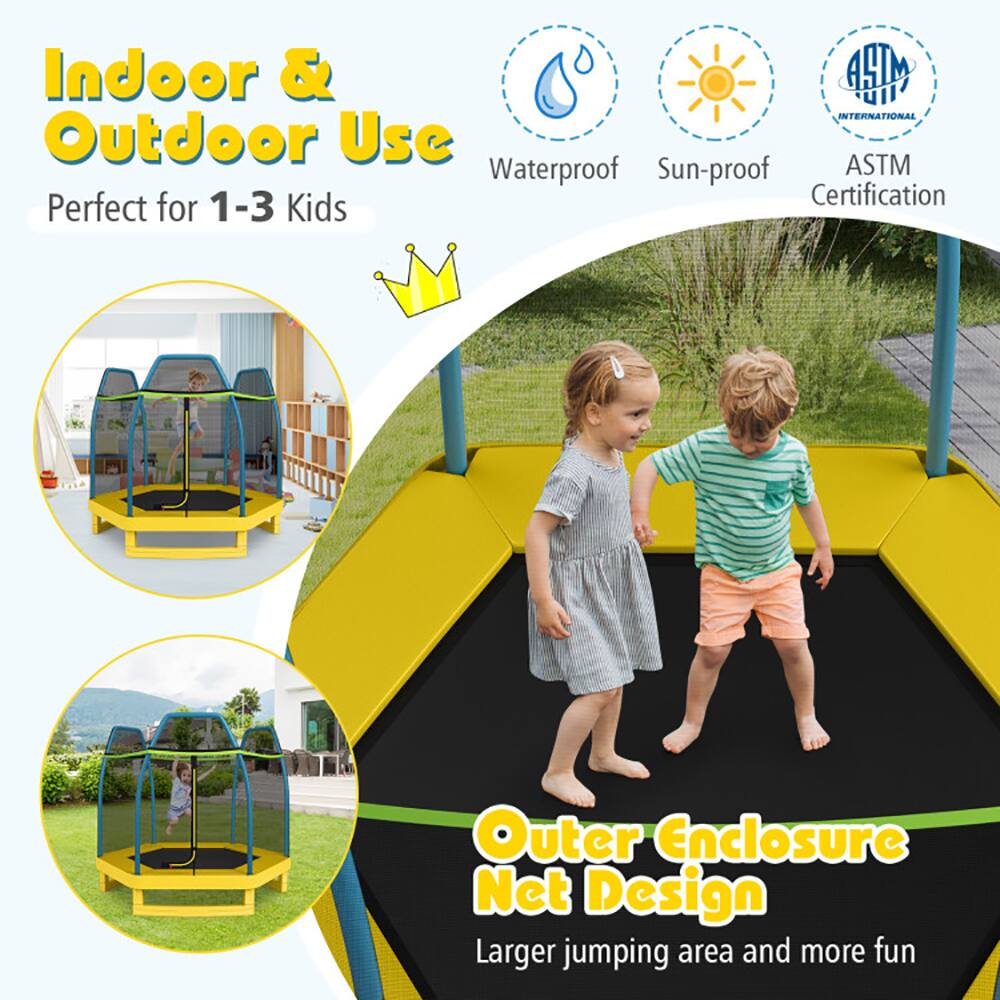 Indoor & Outdoor Use  
Perfect for 1-3 Kids  

Waterproof  
Sun-proof  
ASTM Certification  

Outer Enclosure Net Design  
Larger jumping area and more fun