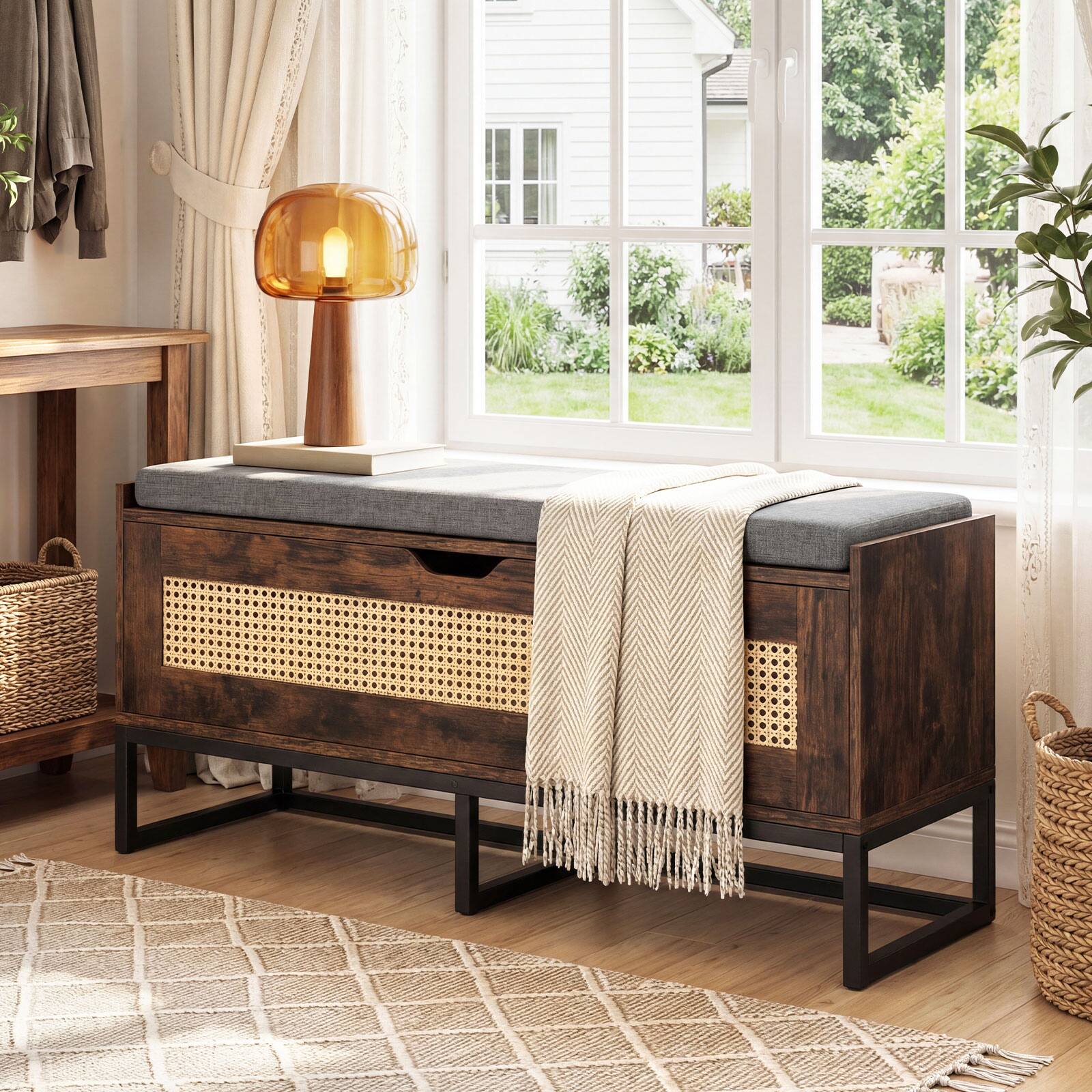 Alt View 3. Costway - Costway 39.5" Rattan Storage Chest with Padded Seat, Flip-Top and Safety Hinges for Bedroom - Rustic Brown + Black.