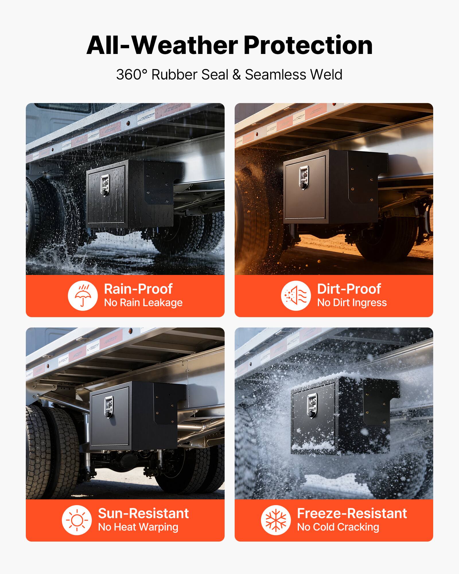 All-Weather Protection  
360° Rubber Seal & Seamless Weld  

- Rain-Proof  
  No Rain Leakage  

- Dirt-Proof  
  No Dirt Ingress  

- Sun-Resistant  
  No Heat Warping  

- Freeze-Resistant  
  No Cold Cracking