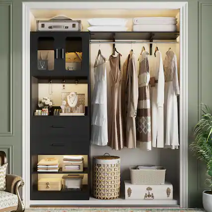 Front. Aheaplus - 5FT Wall-Mounted Closet Organizer with Drawers, Hanging Rod, and Shelves, Sturdy & Easy Assembly - Black.