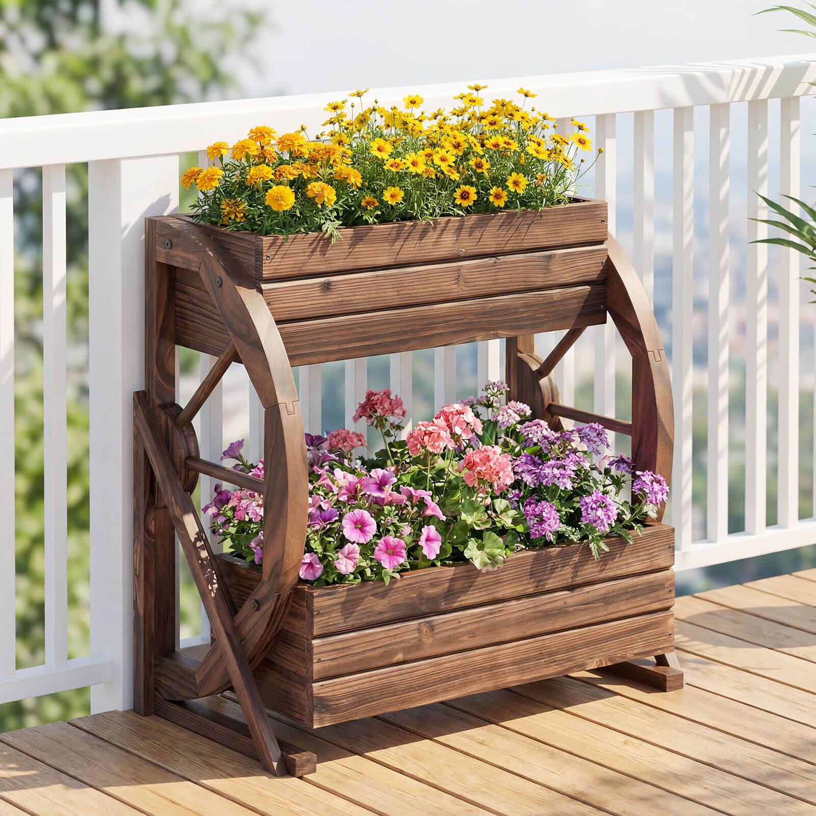 Alt View 1. Costway - Costway 1 PCS 2-Tier Rustic Wood Wagon Planter with Drainage Semi-Wheels,Raised Bed for Patio Yard - Coffee.