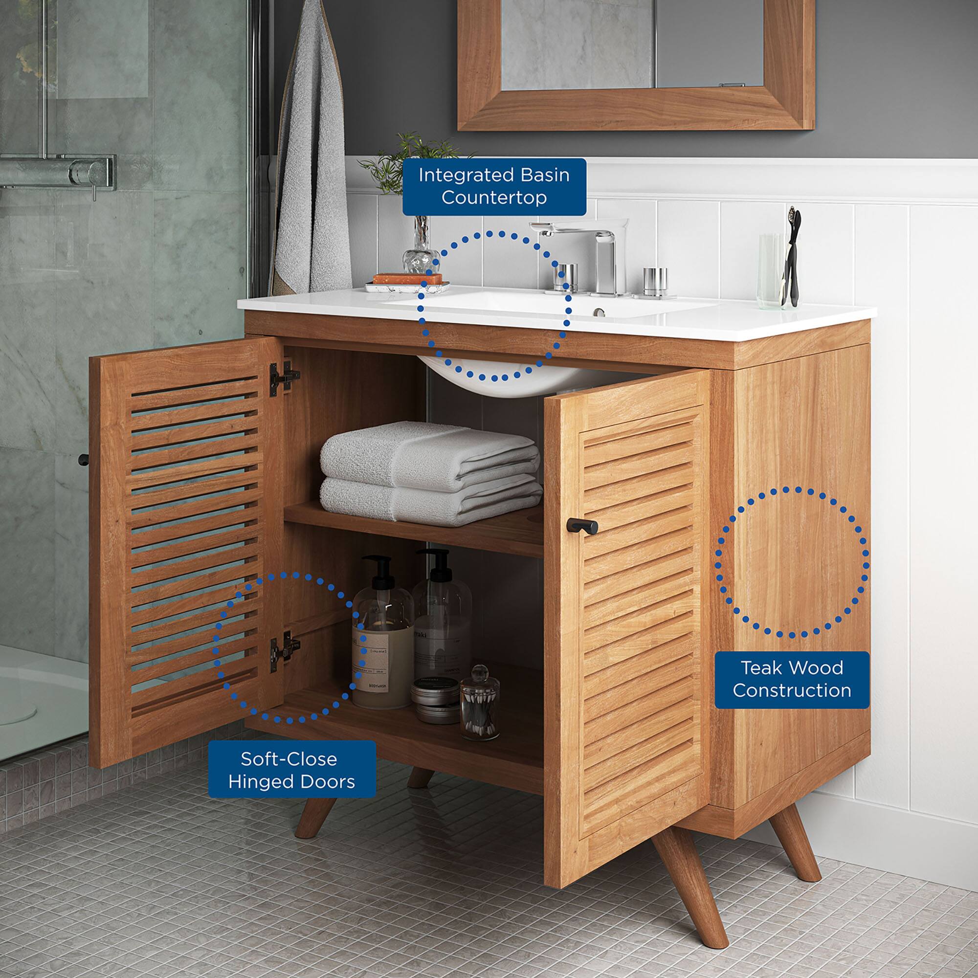 Integrated Basin Countertop  
Teak Wood Construction  
Soft-Close Hinged Doors